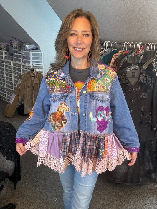 Up-Cycled, Re-designed Denim Jacket, One of a Kind, Horse Lover, Size L/XLG
