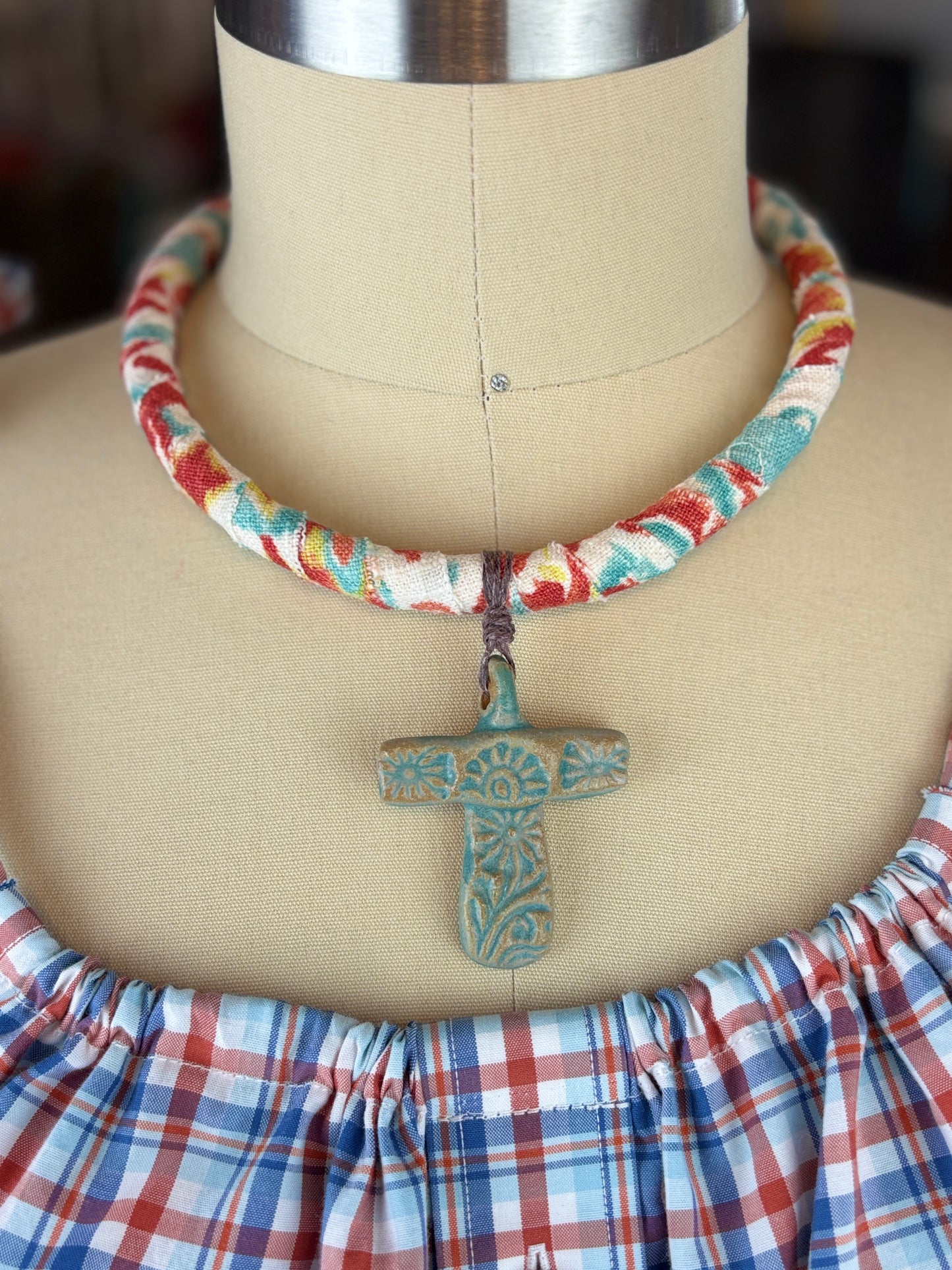Fabric Rope Necklace with handmade Cross Pendant