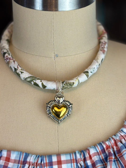 Fabric Rope Necklace with Heart Pendant, 18" Long