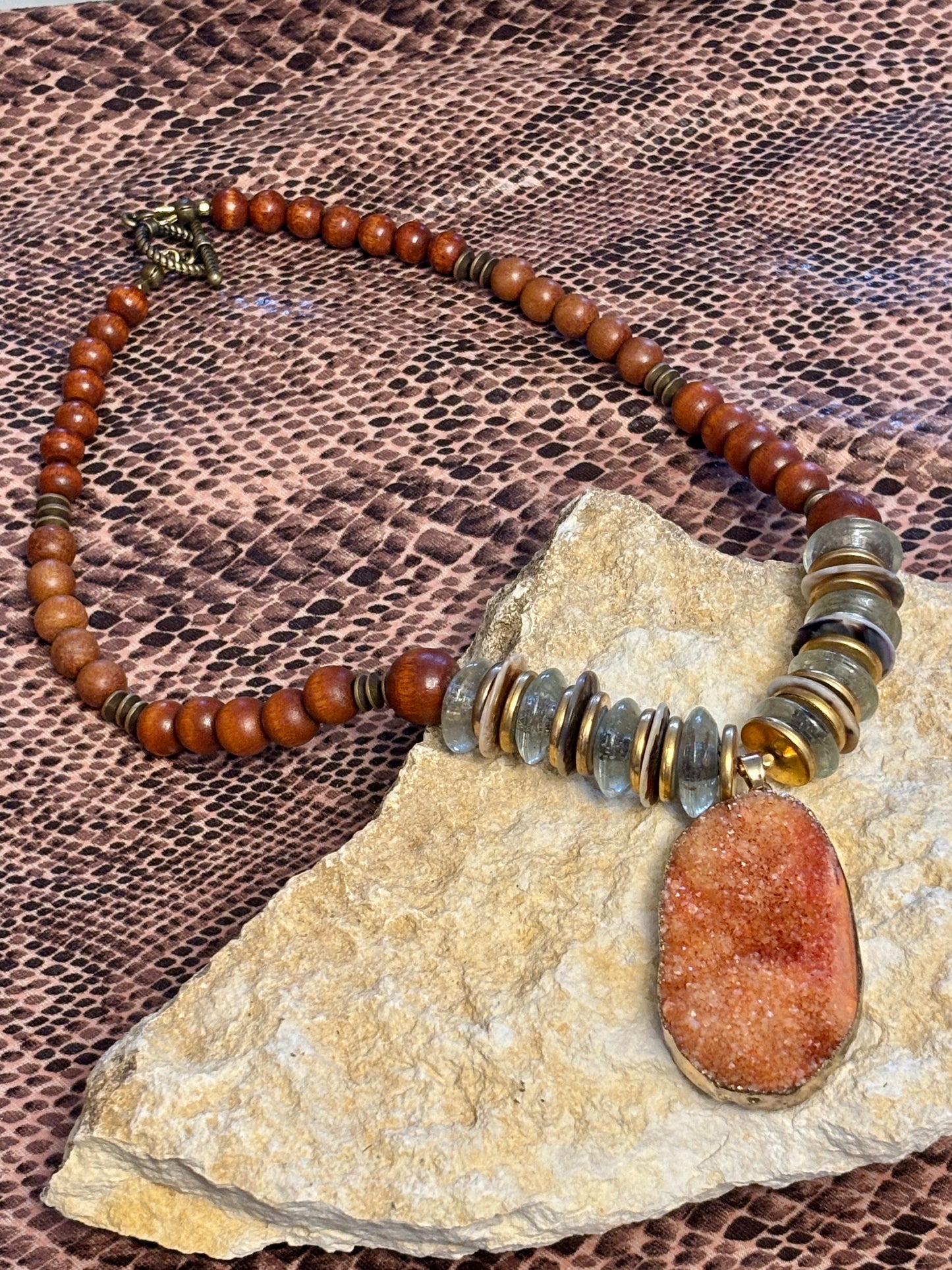 Rustic Orange Druzy and Wood Bead Necklace, 18 inches add 2 inch Stone pendant