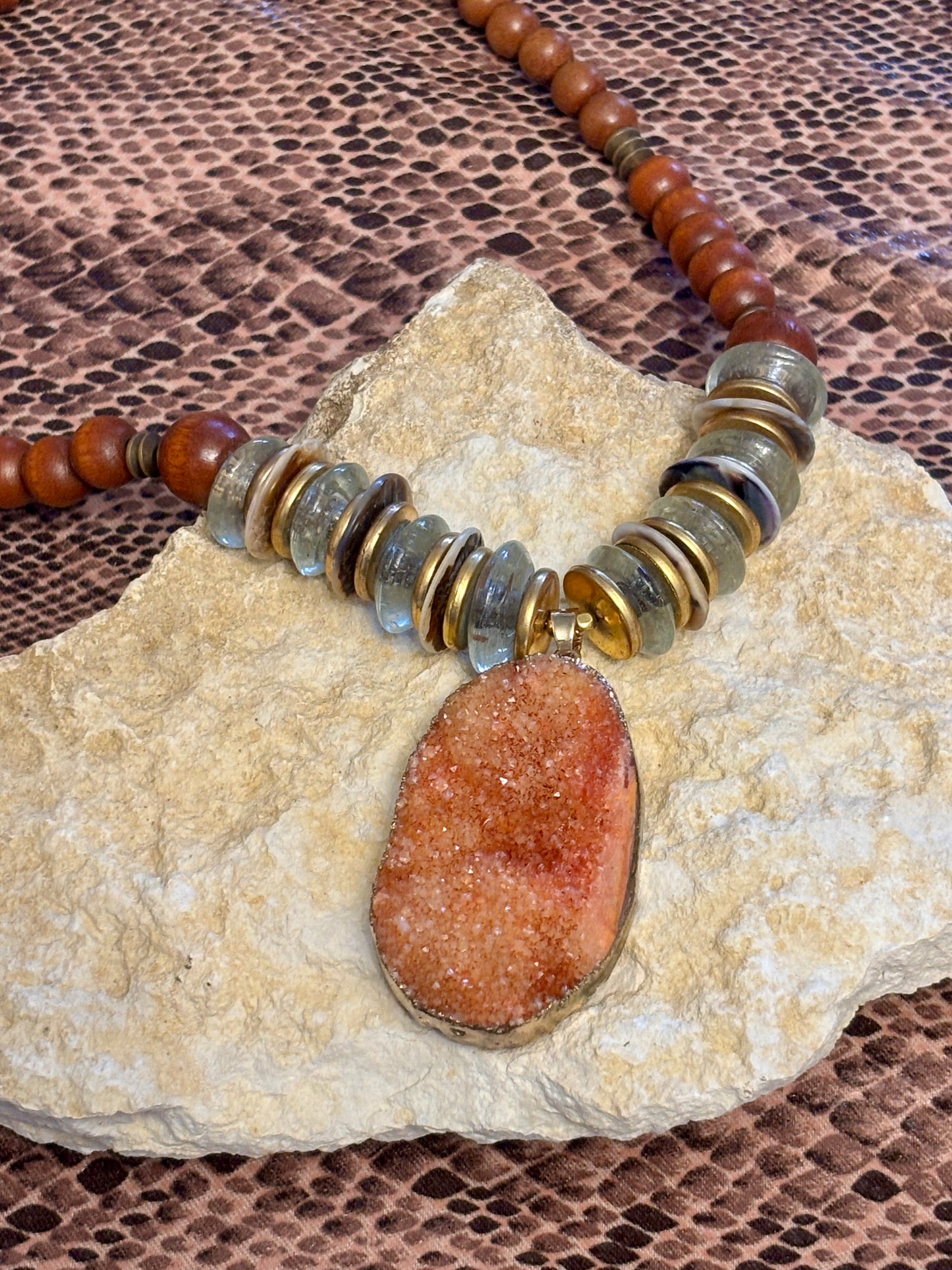 Rustic Orange Druzy and Wood Bead Necklace, 18 inches add 2 inch Stone pendant