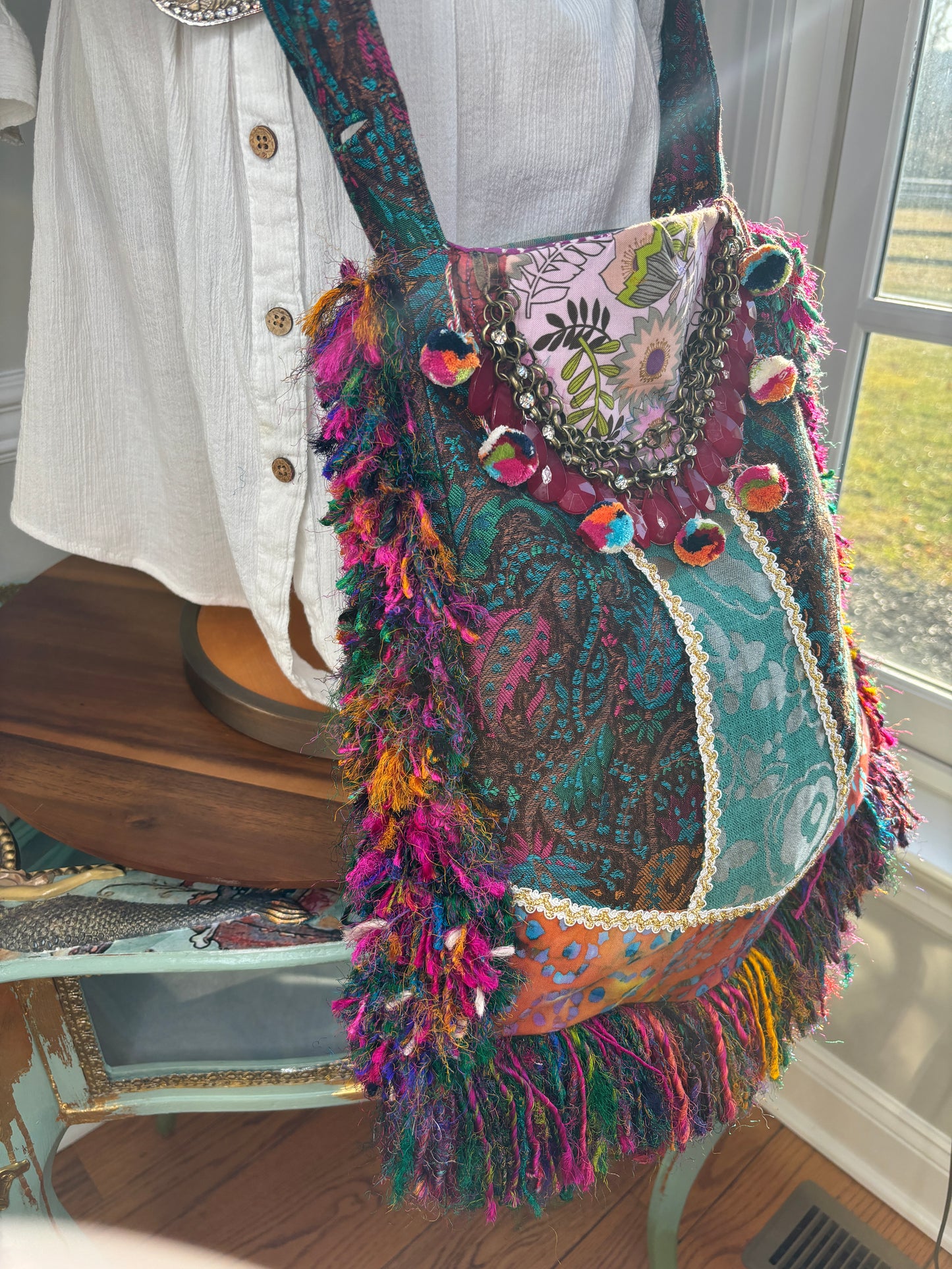 Large Multi Color Boho Hippie Cross Body Bag, Hand Made, Upcycled Women's Jackets, Tops and Yarn