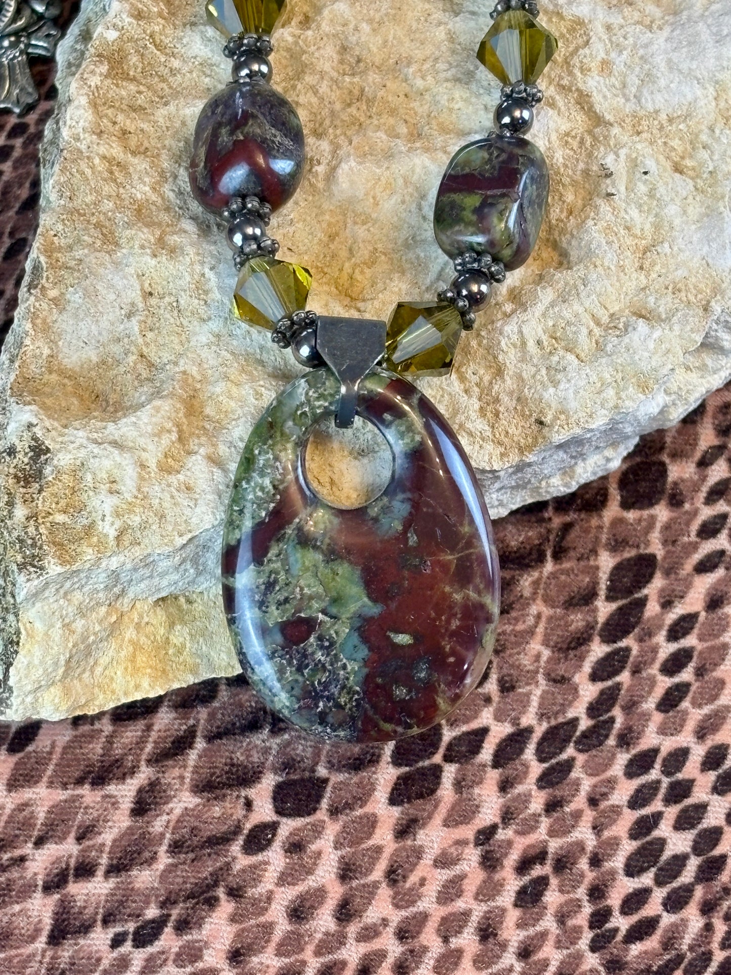Green and Red Agate Stone Pendant Necklace, Earring and Bracelet Set