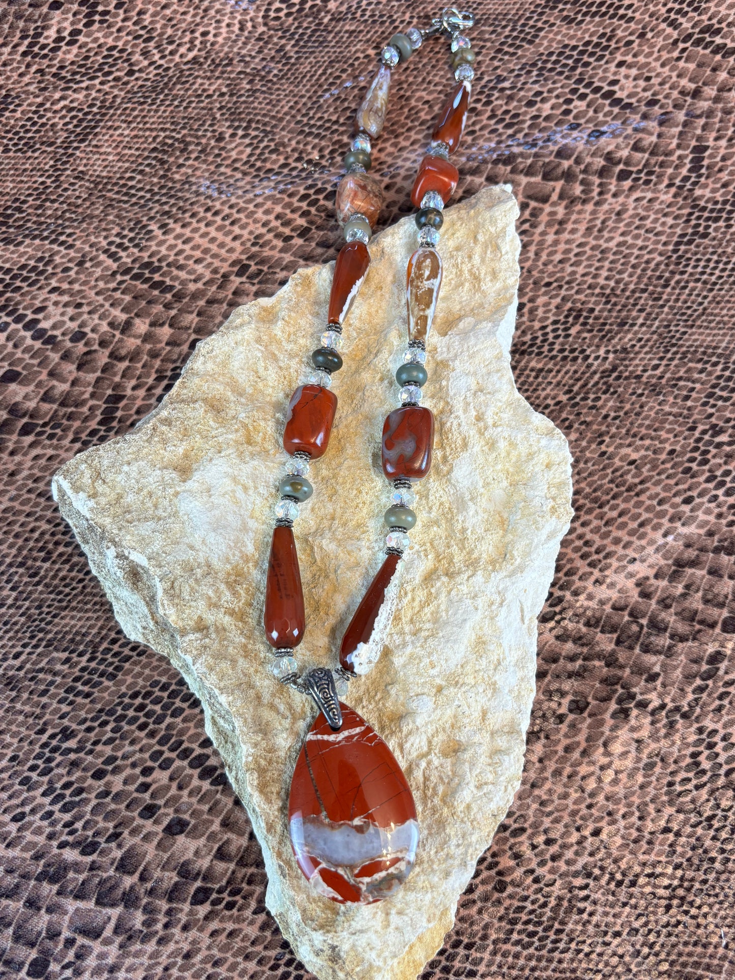 Red Stone Red Agate Necklace, 18" with 2" Pendant