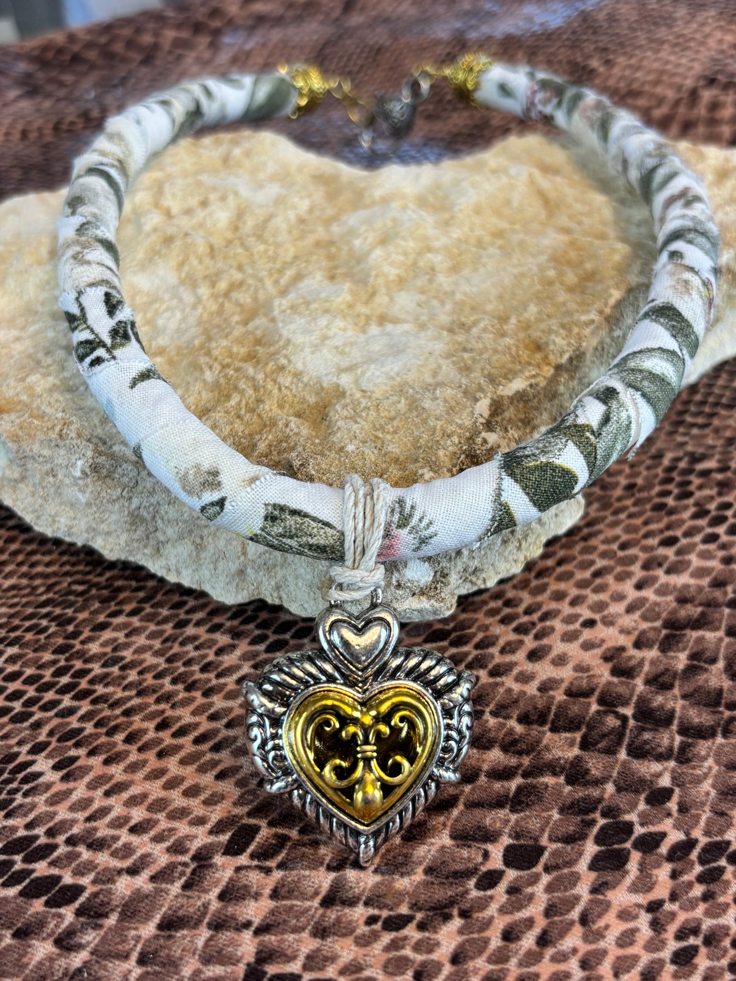 Fabric Rope Necklace with Heart Pendant, 18" Long