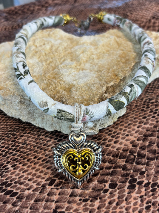 Fabric Rope Necklace with Heart Pendant, 18" Long