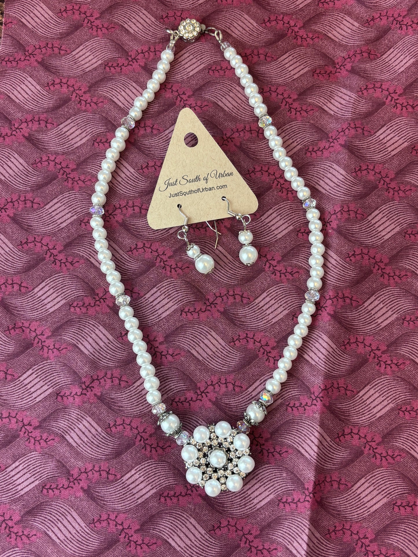 Floral White Pearl and Crystal Necklace and Earring Set