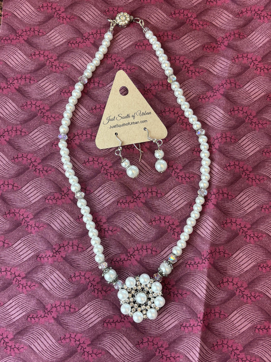 Floral White Pearl and Crystal Necklace and Earring Set