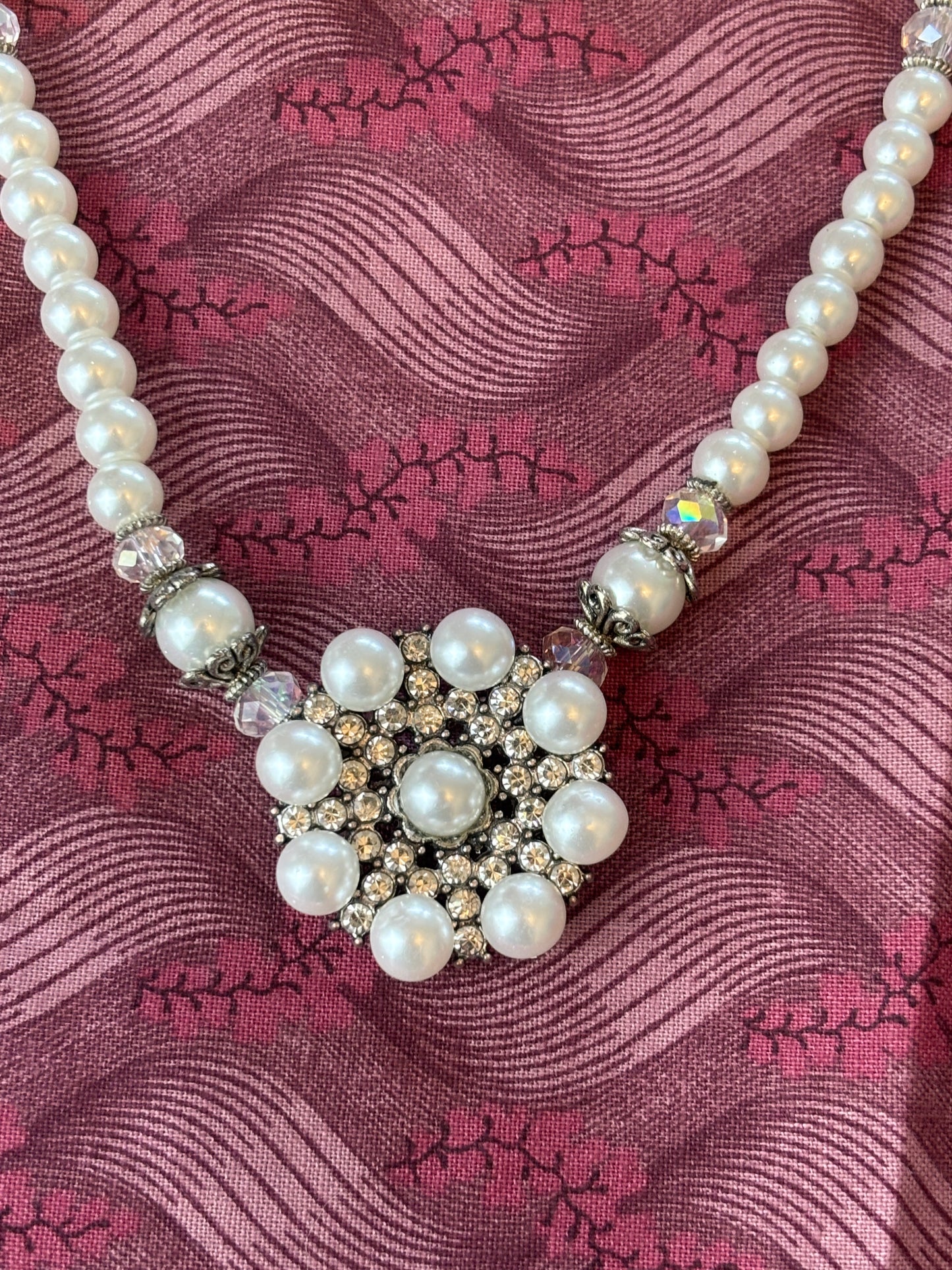 Floral White Pearl and Crystal Necklace and Earring Set