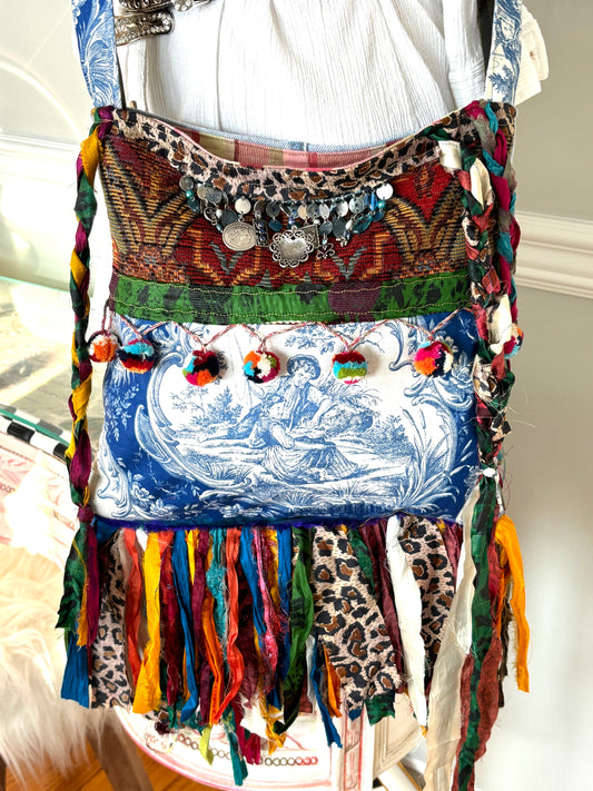 Toile Boho Gypsy Hippie Cross Body Bag, Hand Made, Upcycled Women's Jackets, Tops and Yarn