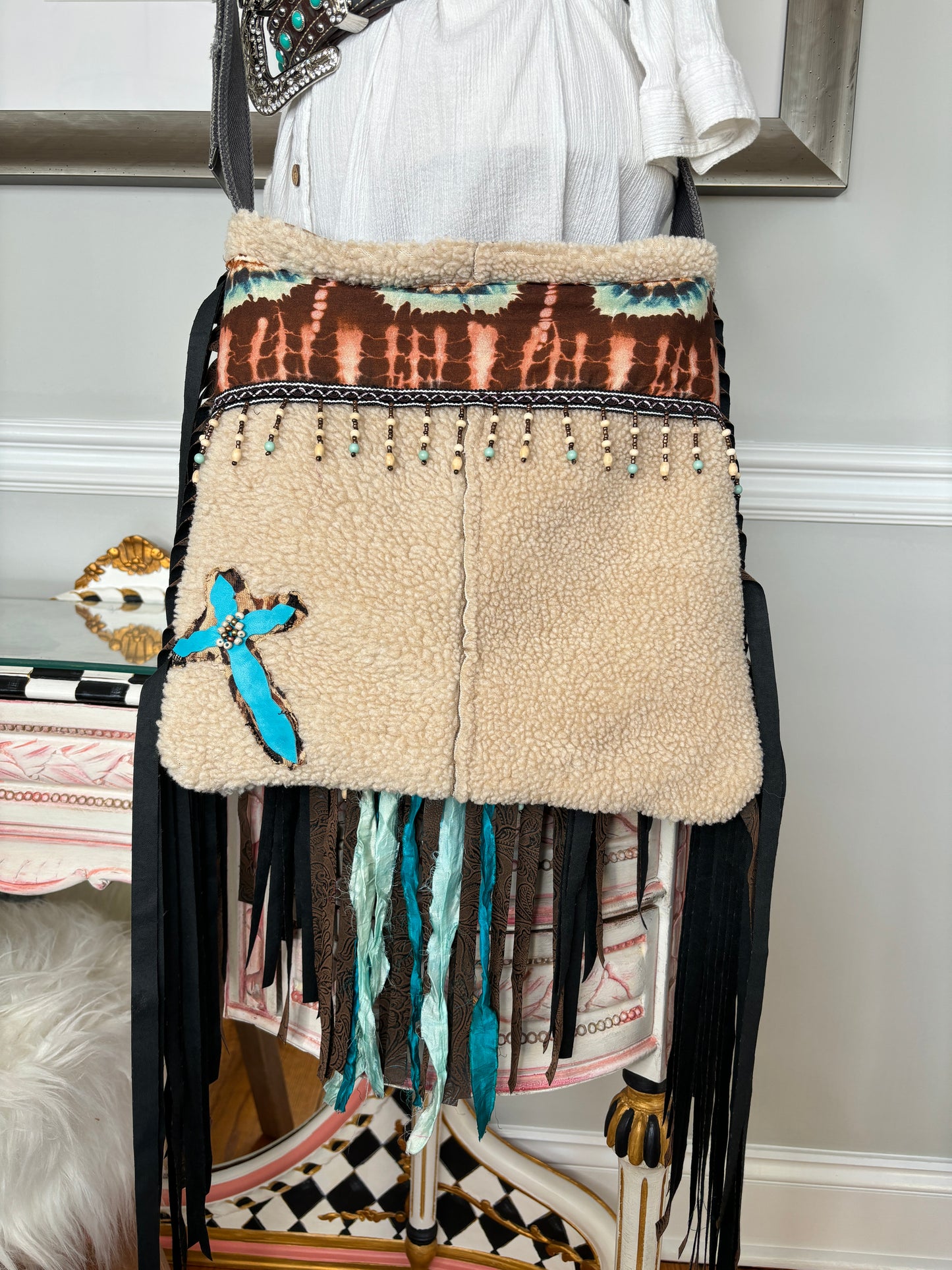Faux Shearling Boho Hippie Handbag Purse, Handmade Up-cycled Clothing