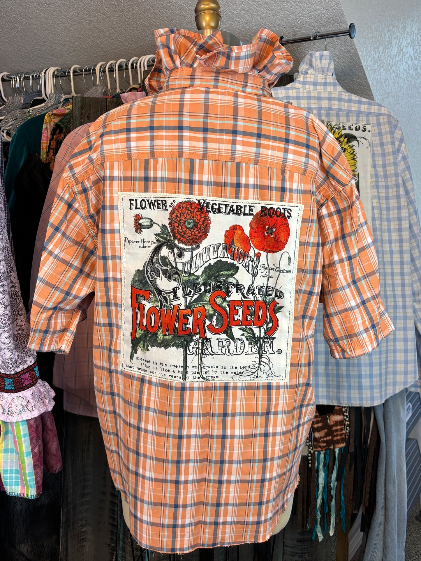 Up-cycled Bass Shirt, Ruffled Collar, Patchwork, Florals, Vintage Prints, Size Large