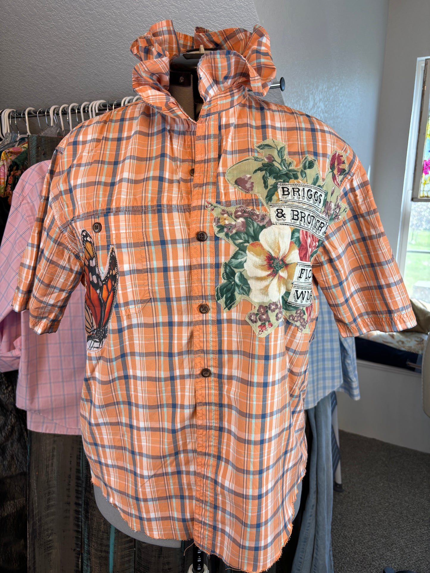 Up-cycled Bass Shirt, Ruffled Collar, Patchwork, Florals, Vintage Prints, Size Large