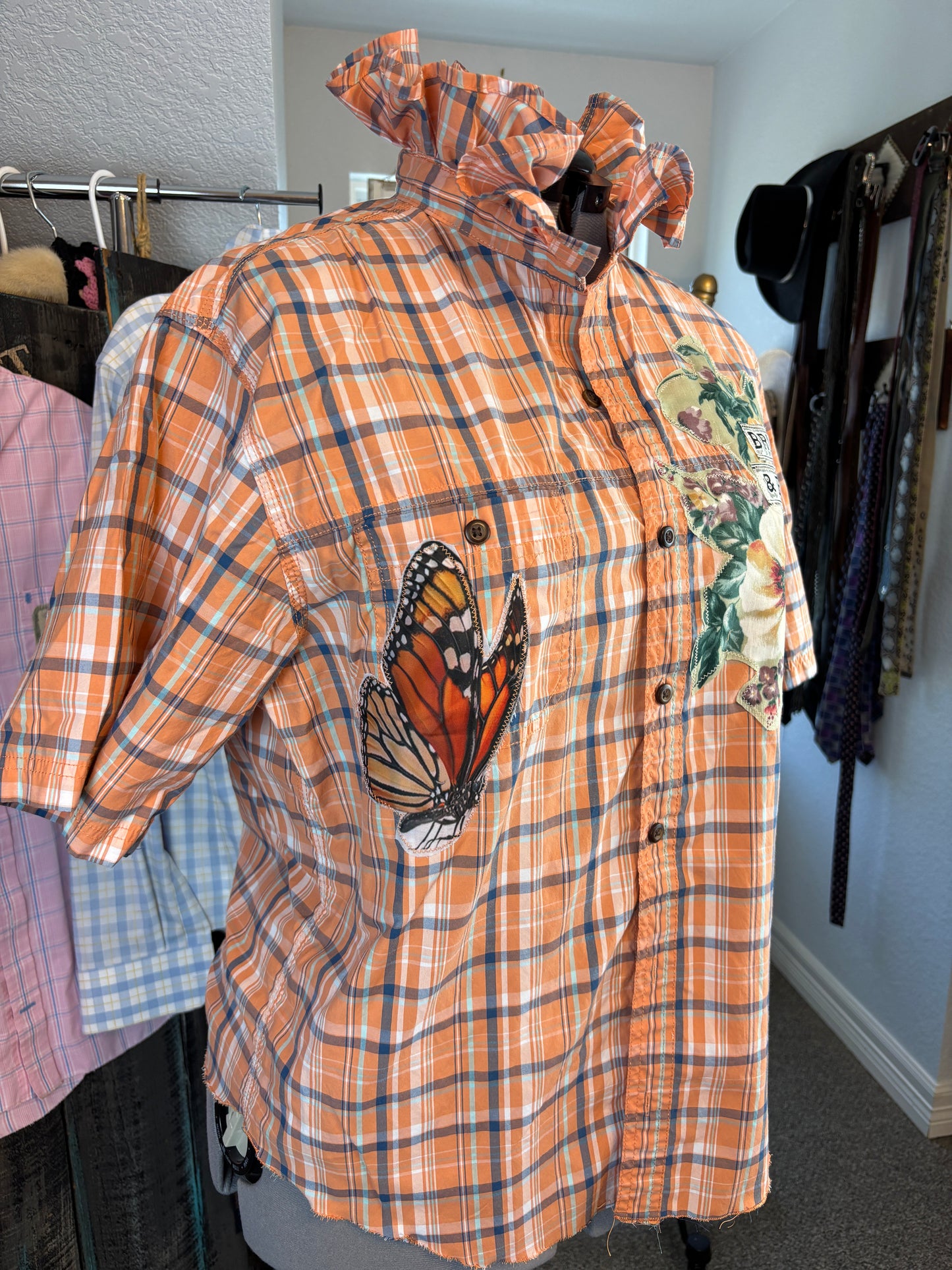 Up-cycled Bass Shirt, Ruffled Collar, Patchwork, Florals, Vintage Prints, Size Large