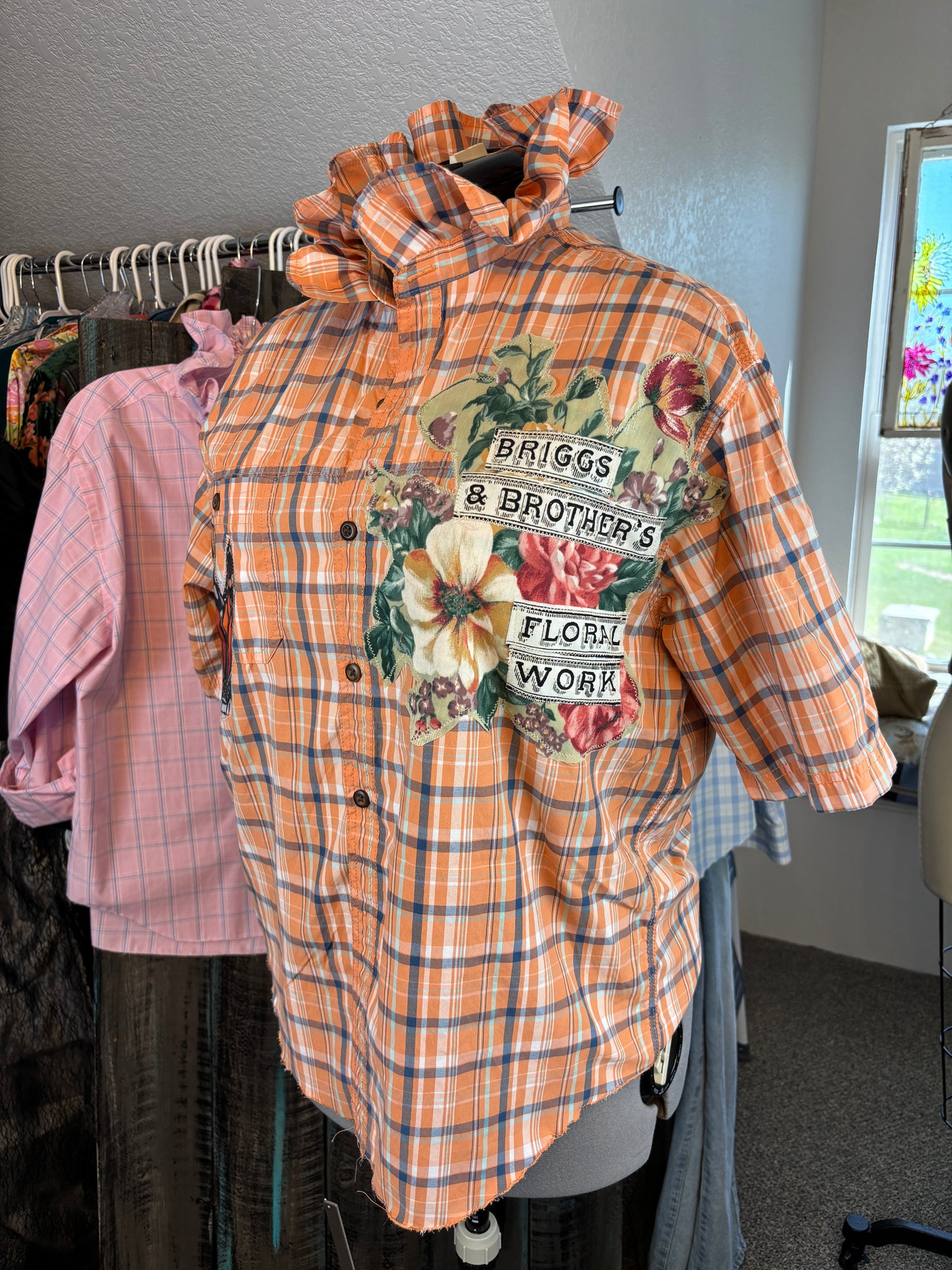 Up-cycled Bass Shirt, Ruffled Collar, Patchwork, Florals, Vintage Prints, Size Large