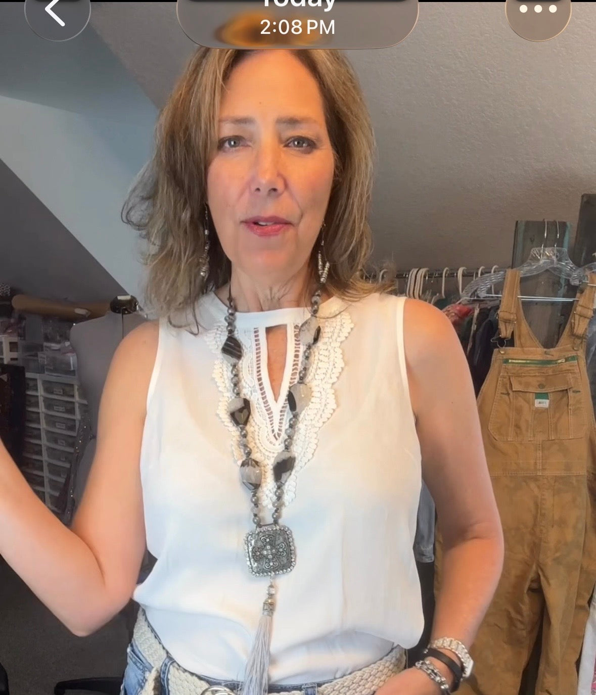 Long Silver and Black Medallion Necklace with Black and White Gemstone Beads and Gray Tassel