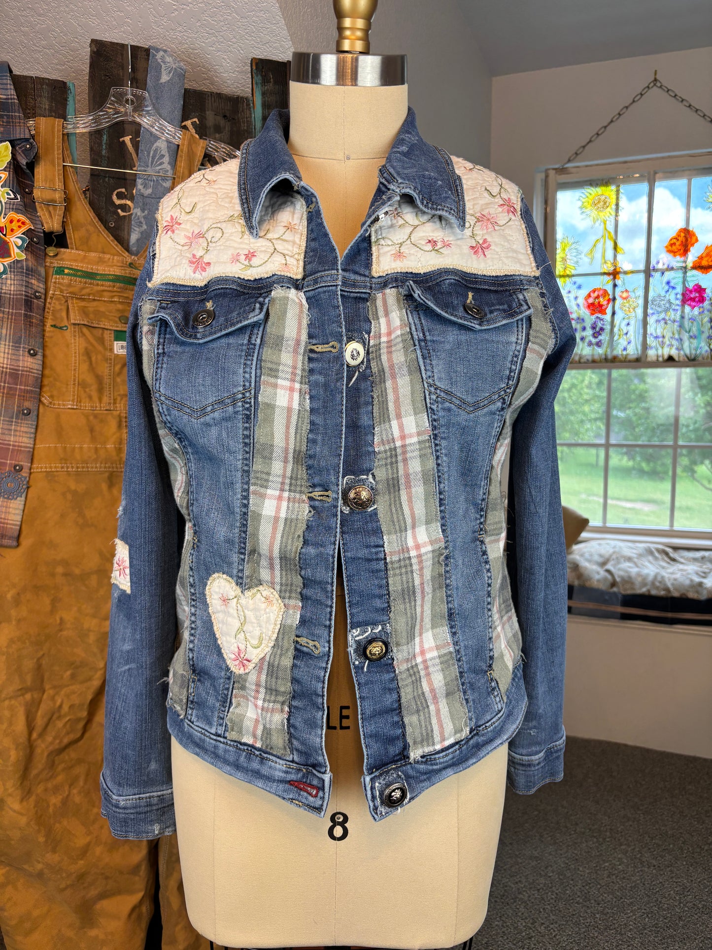 Quilt and Denim Jacket, Up-Cycled, Size Small Medium, Dimension in description