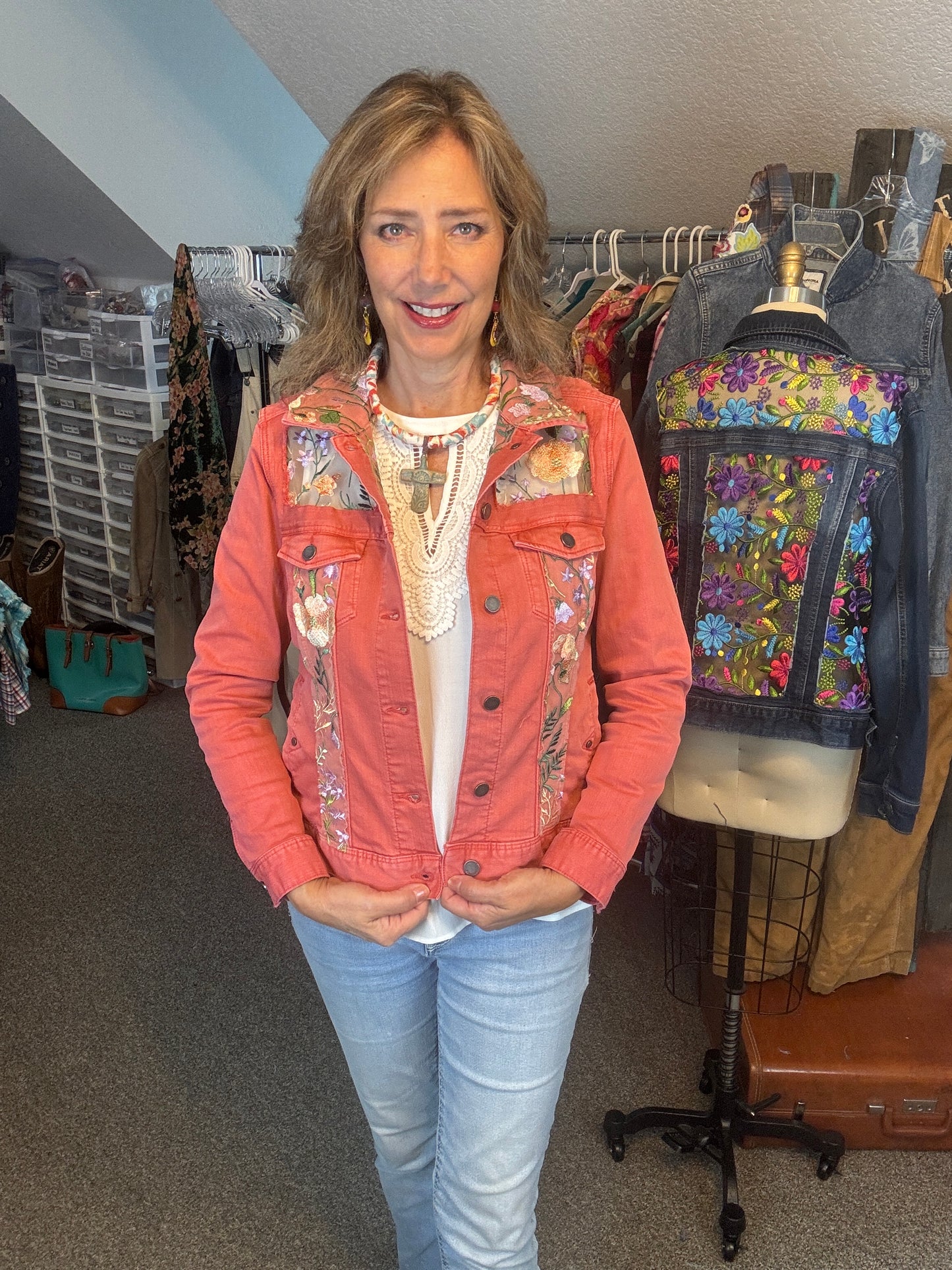 Up-Cycled Denim Jacket "Window Pane" Effect, Coral and Floral, Size 38 Bust (S/M)