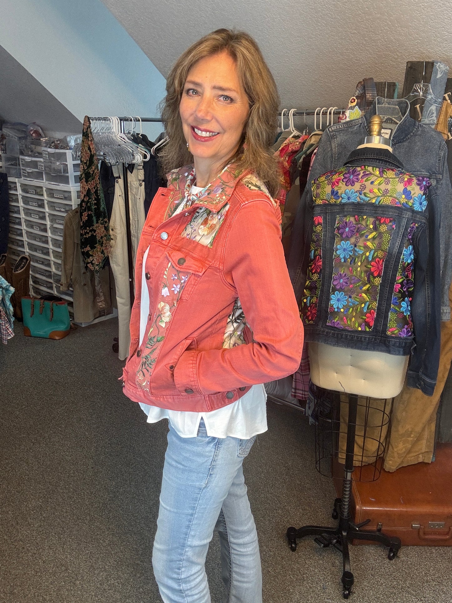 Up-Cycled Denim Jacket "Window Pane" Effect, Coral and Floral, Size 38 Bust (S/M)