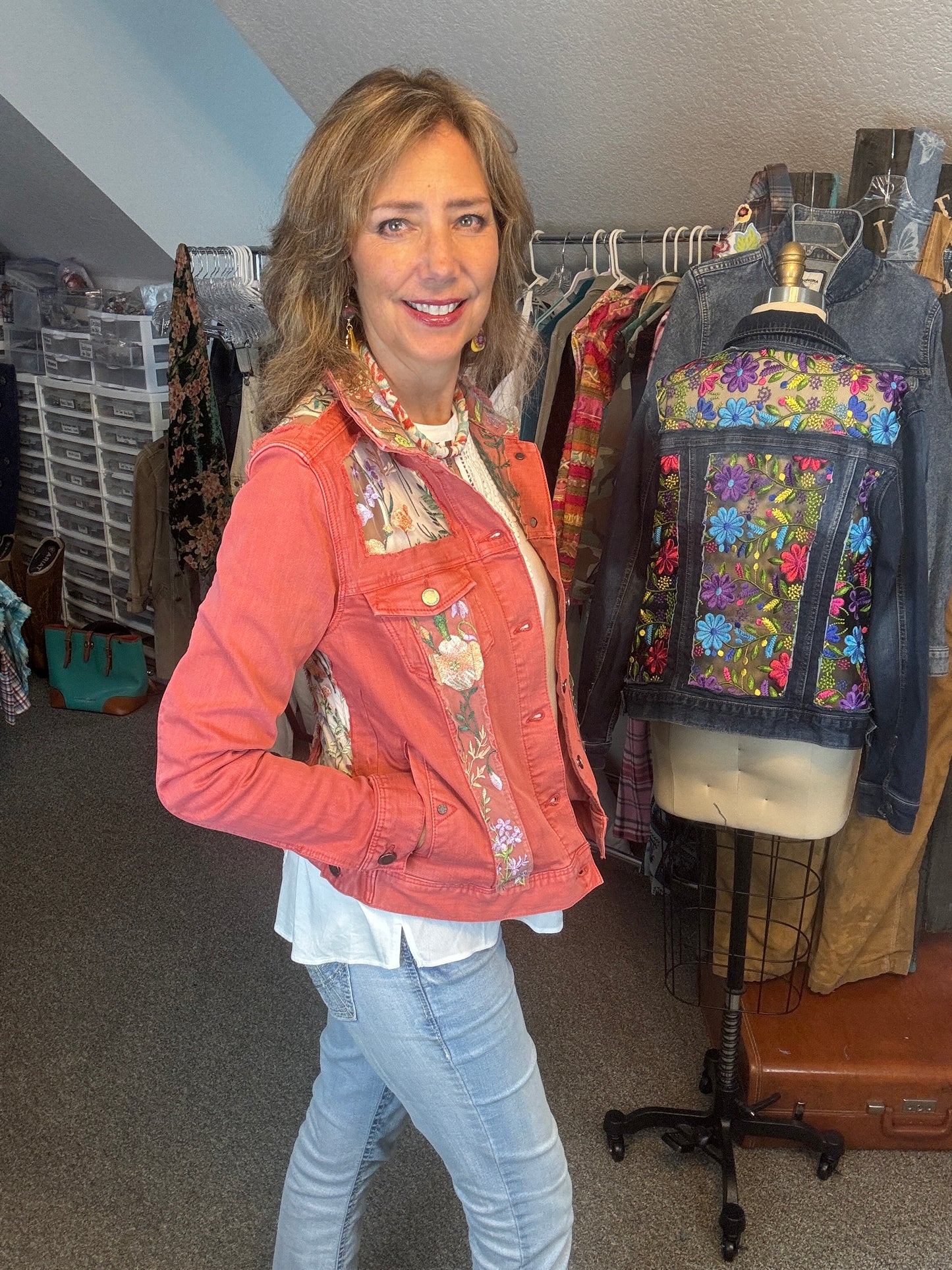 Up-Cycled Denim Jacket "Window Pane" Effect, Coral and Floral, Size 38 Bust (S/M)