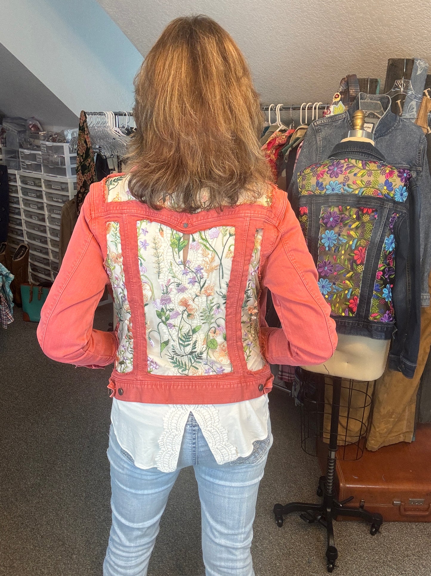 Up-Cycled Denim Jacket "Window Pane" Effect, Coral and Floral, Size 38 Bust (S/M)