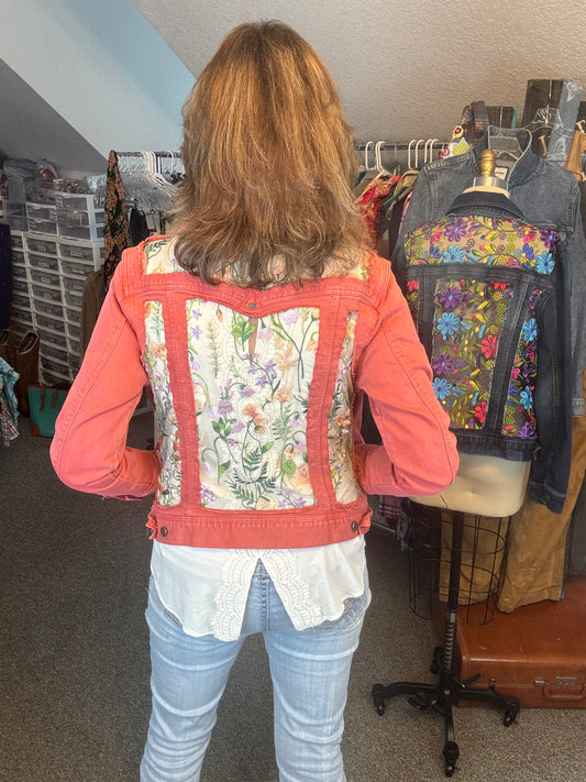Up-Cycled Denim Jacket "Window Pane" Effect, Coral and Floral, Size 38 Bust (S/M)