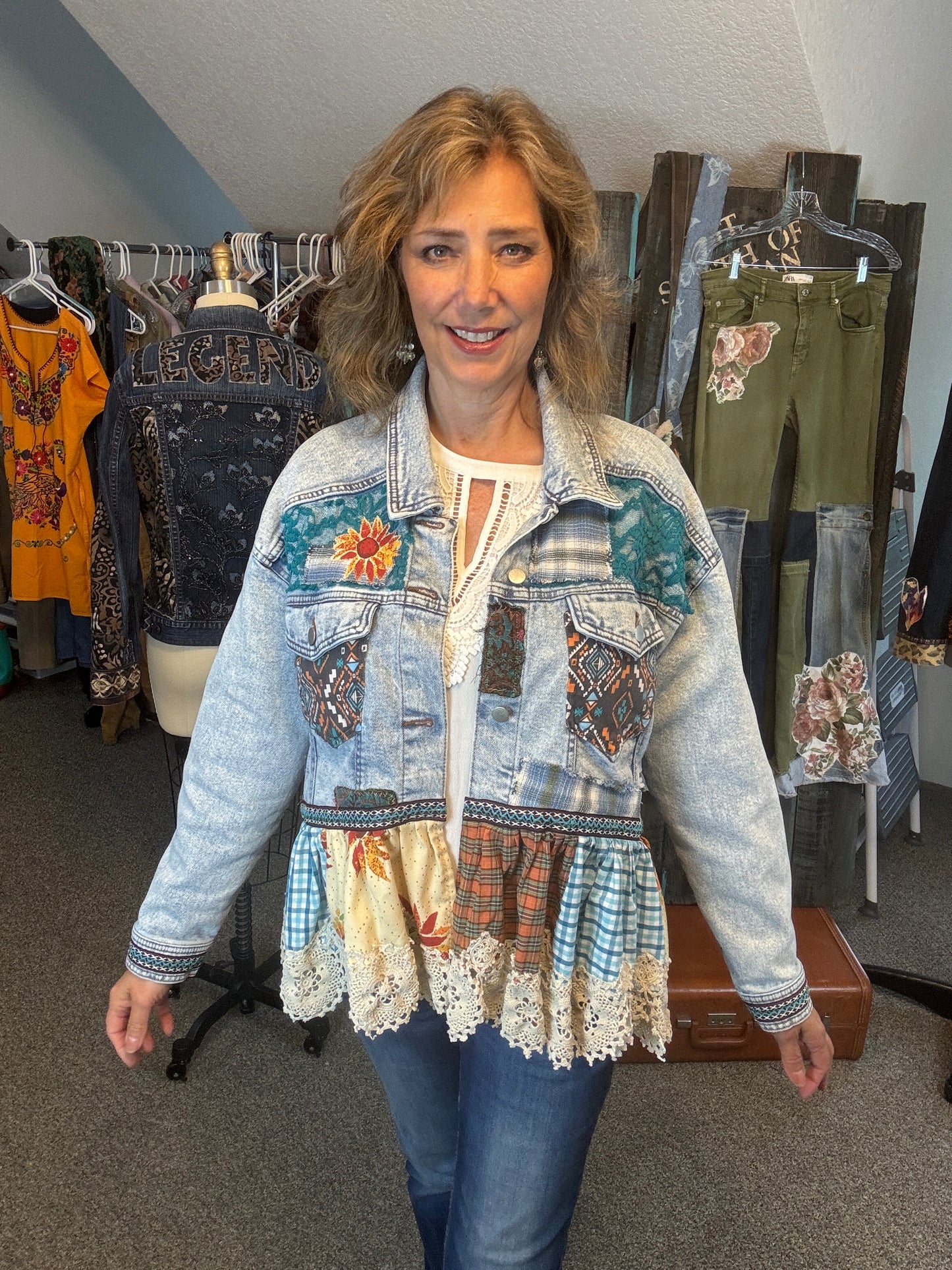 Up-Cycled Denim Jacket with Horse, Ruffle and Lace, Size Large/XLarge