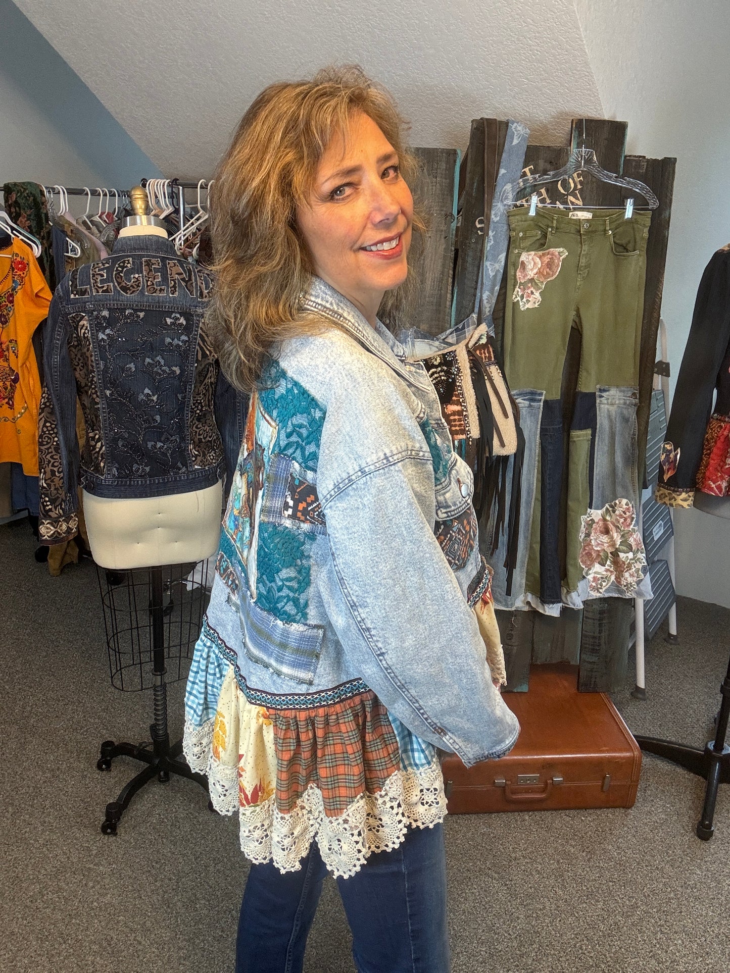 Up-Cycled Denim Jacket with Horse, Ruffle and Lace, Size Large/XLarge