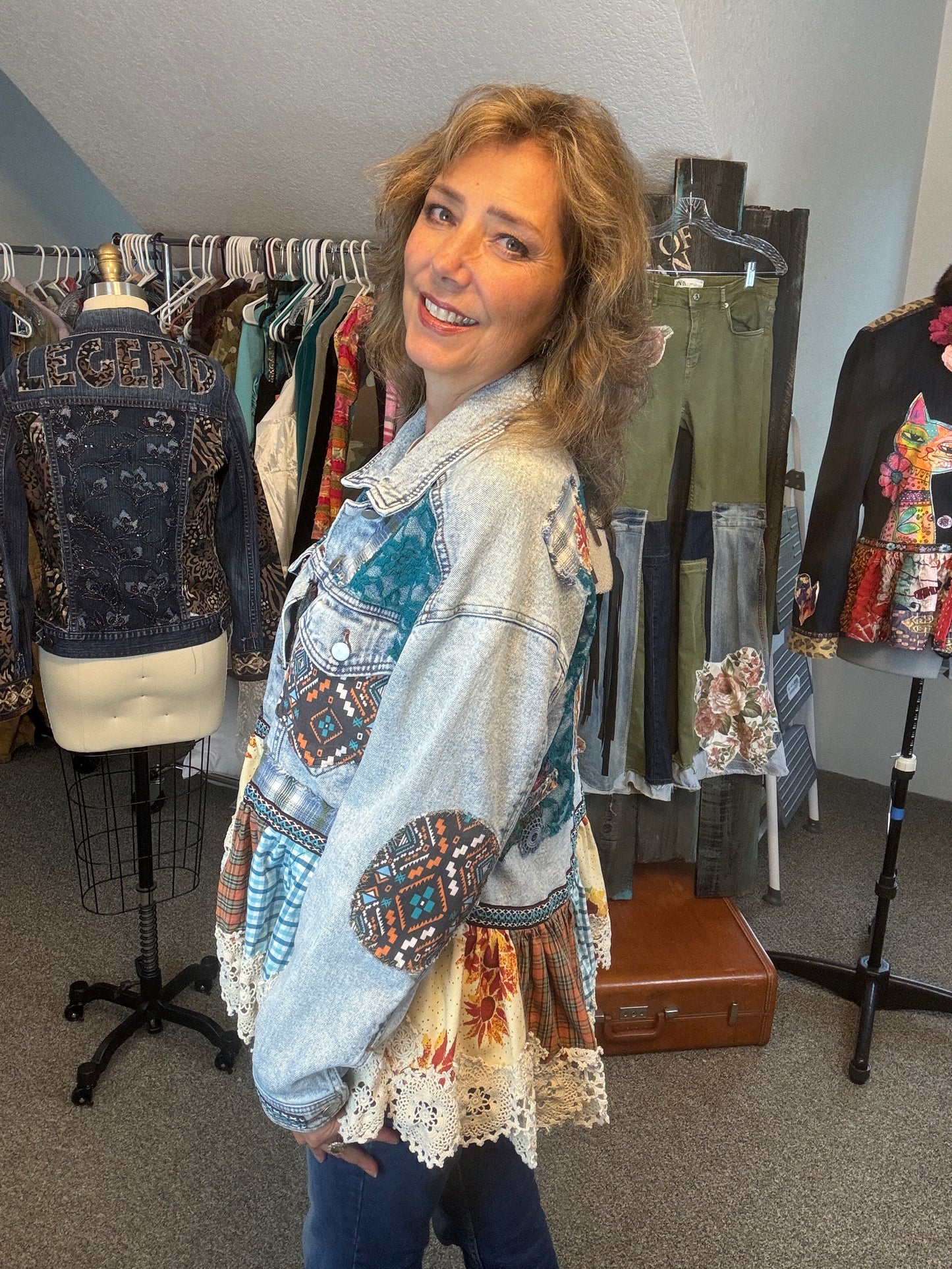 Up-Cycled Denim Jacket with Horse, Ruffle and Lace, Size Large/XLarge