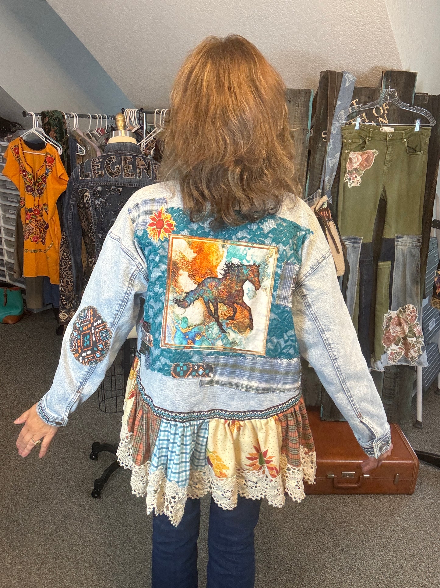 Up-Cycled Denim Jacket with Horse, Ruffle and Lace, Size Large/XLarge