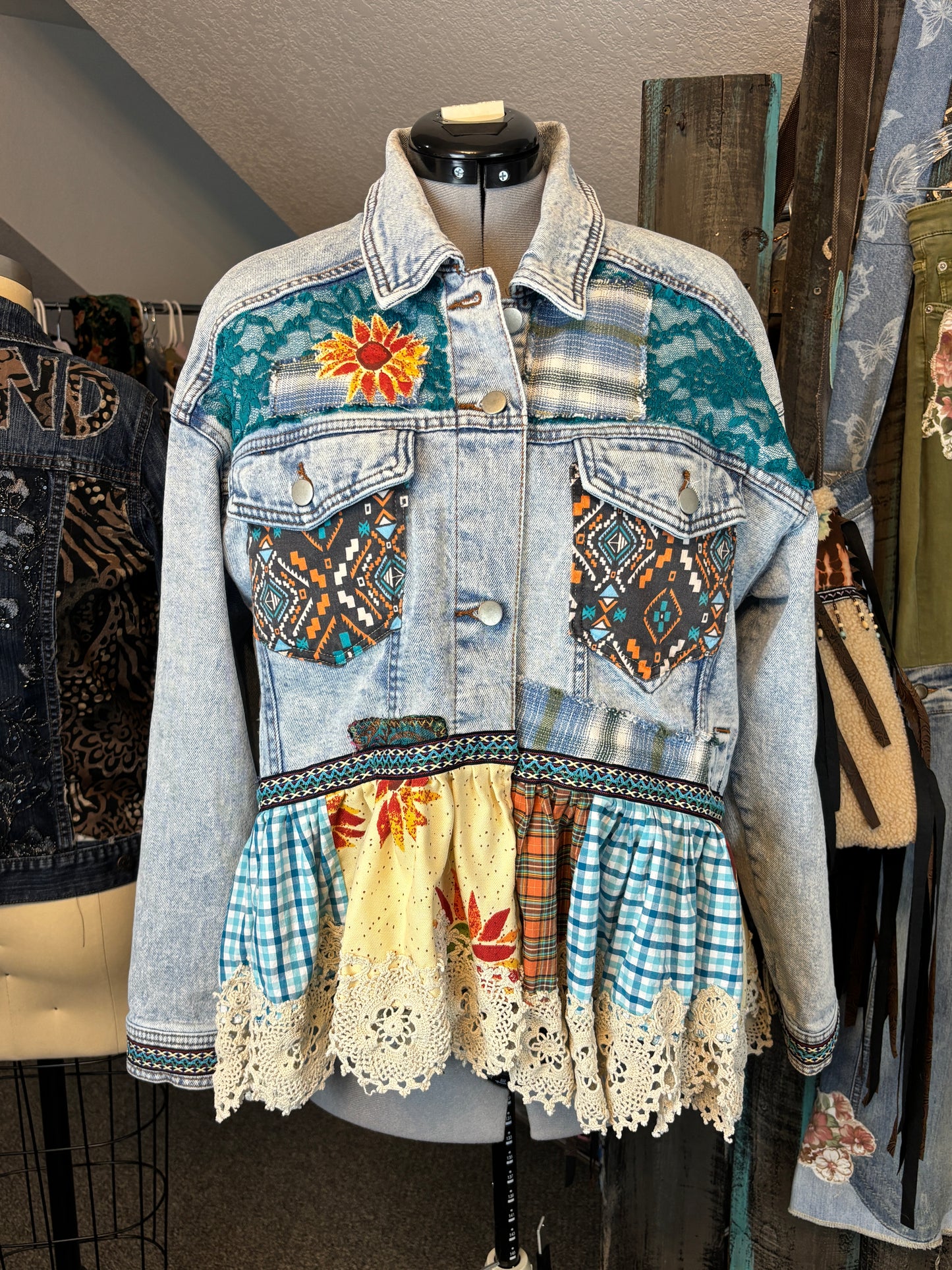 Up-Cycled Denim Jacket with Horse, Ruffle and Lace, Size Large/XLarge