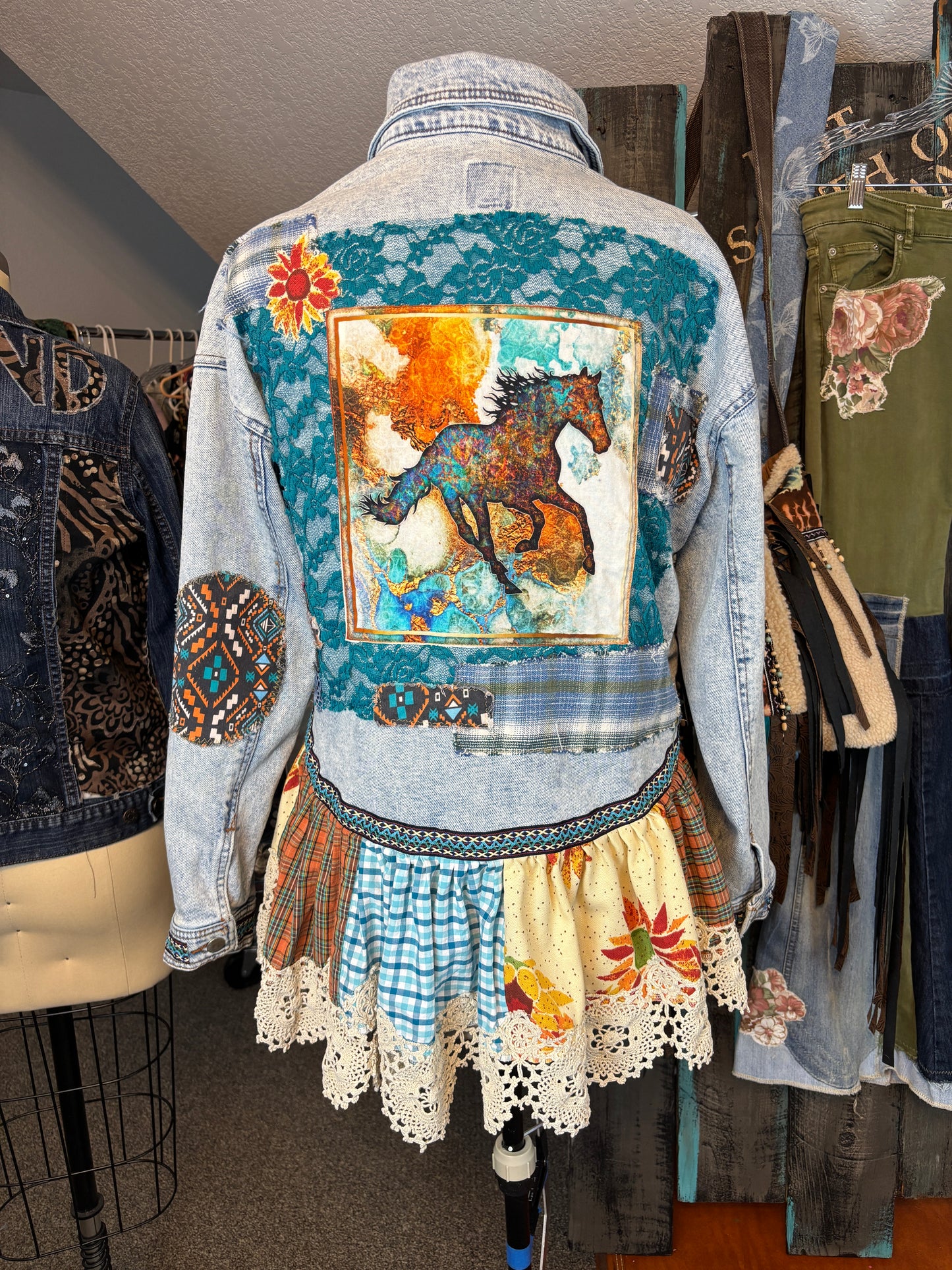Up-Cycled Denim Jacket with Horse, Ruffle and Lace, Size Large/XLarge