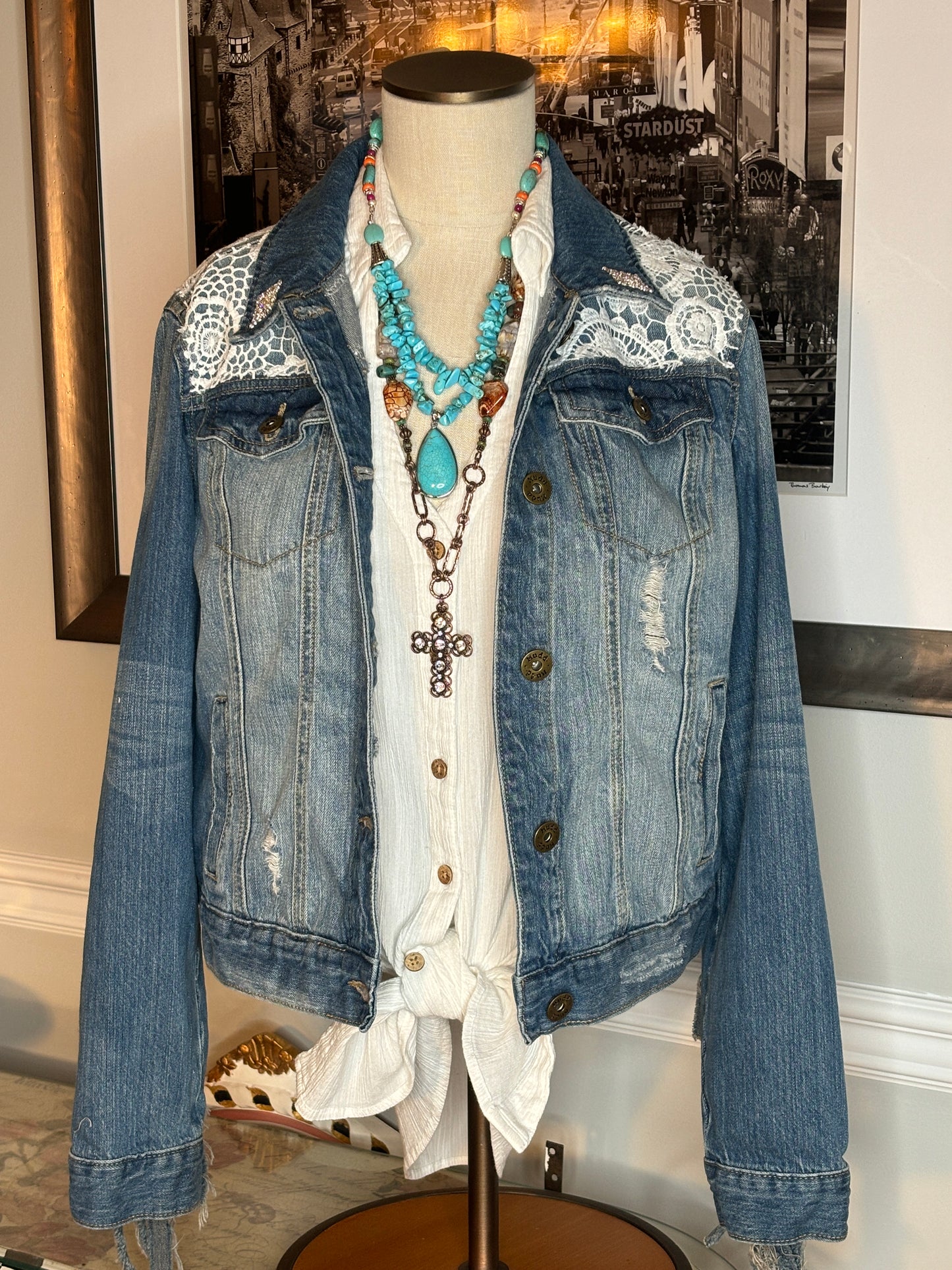 Hey Cowgirl, Up-Cycled Jean Jacket, Western, Lace, Blue Jeans and Bling, Size M/L