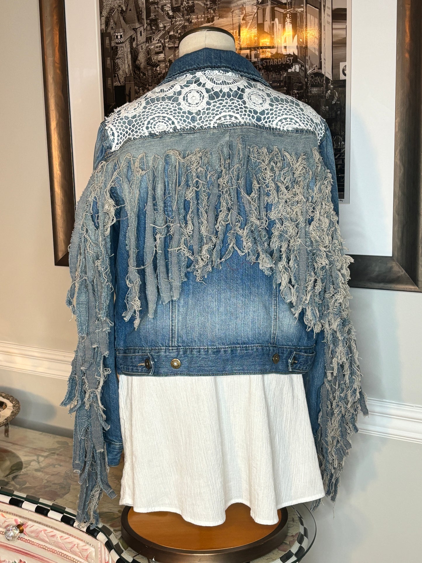 Hey Cowgirl, Up-Cycled Jean Jacket, Western, Lace, Blue Jeans and Bling, Size M/L