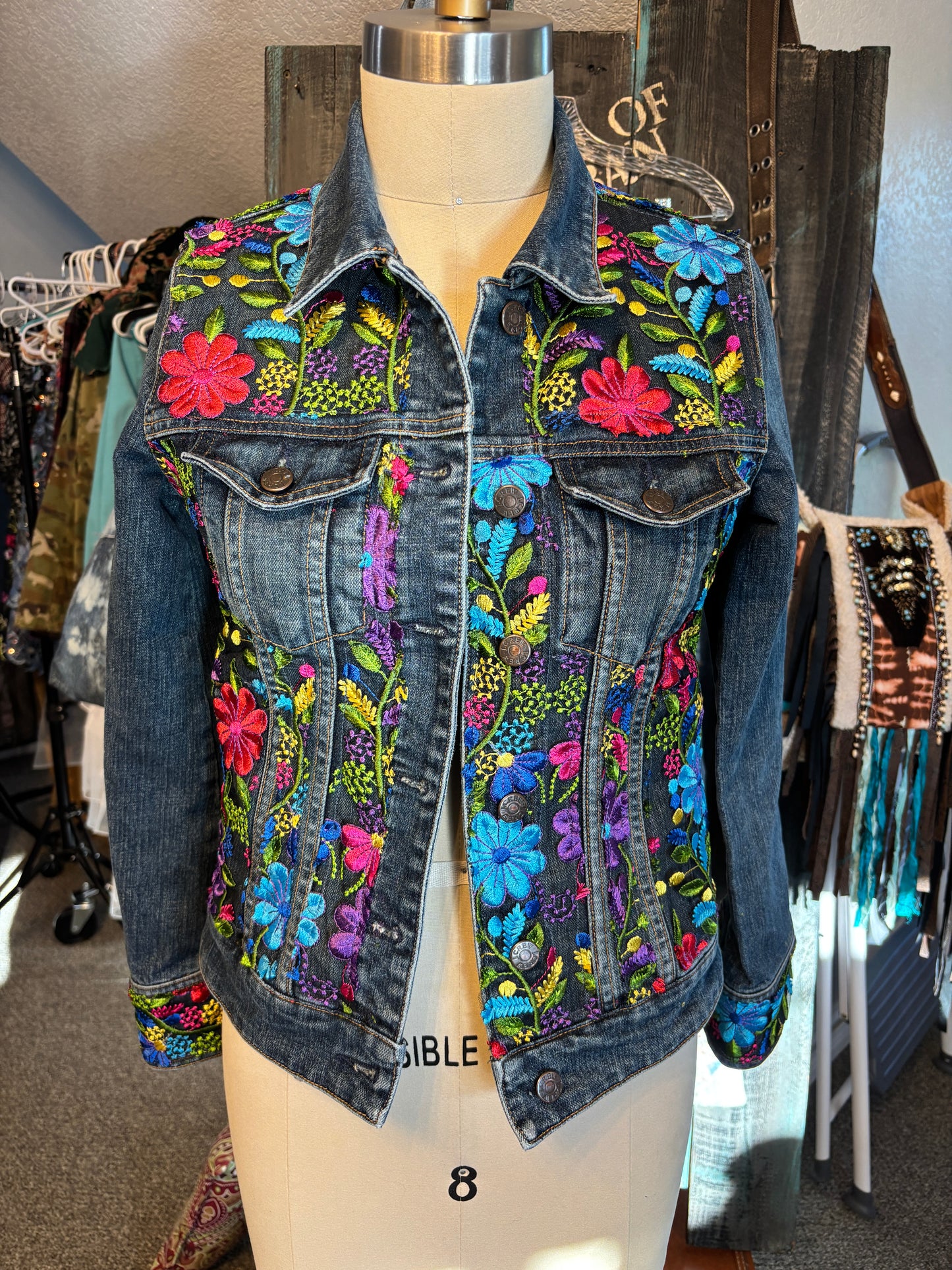 Custom Denim Jacket for Ms. Chinnu H. J., Dark Daisy Pattern