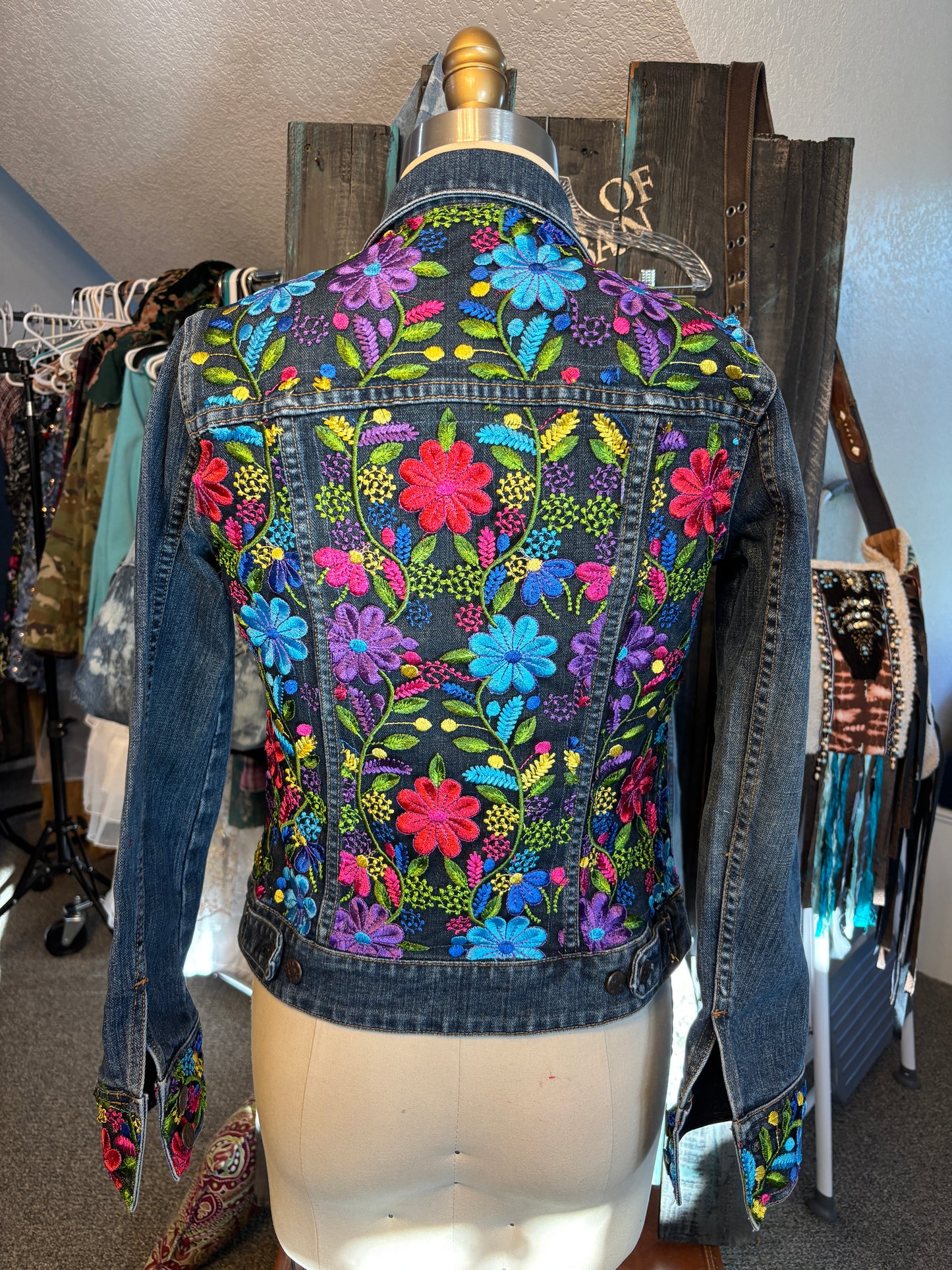 Custom Denim Jacket for Ms. Chinnu H. J., Dark Daisy Pattern