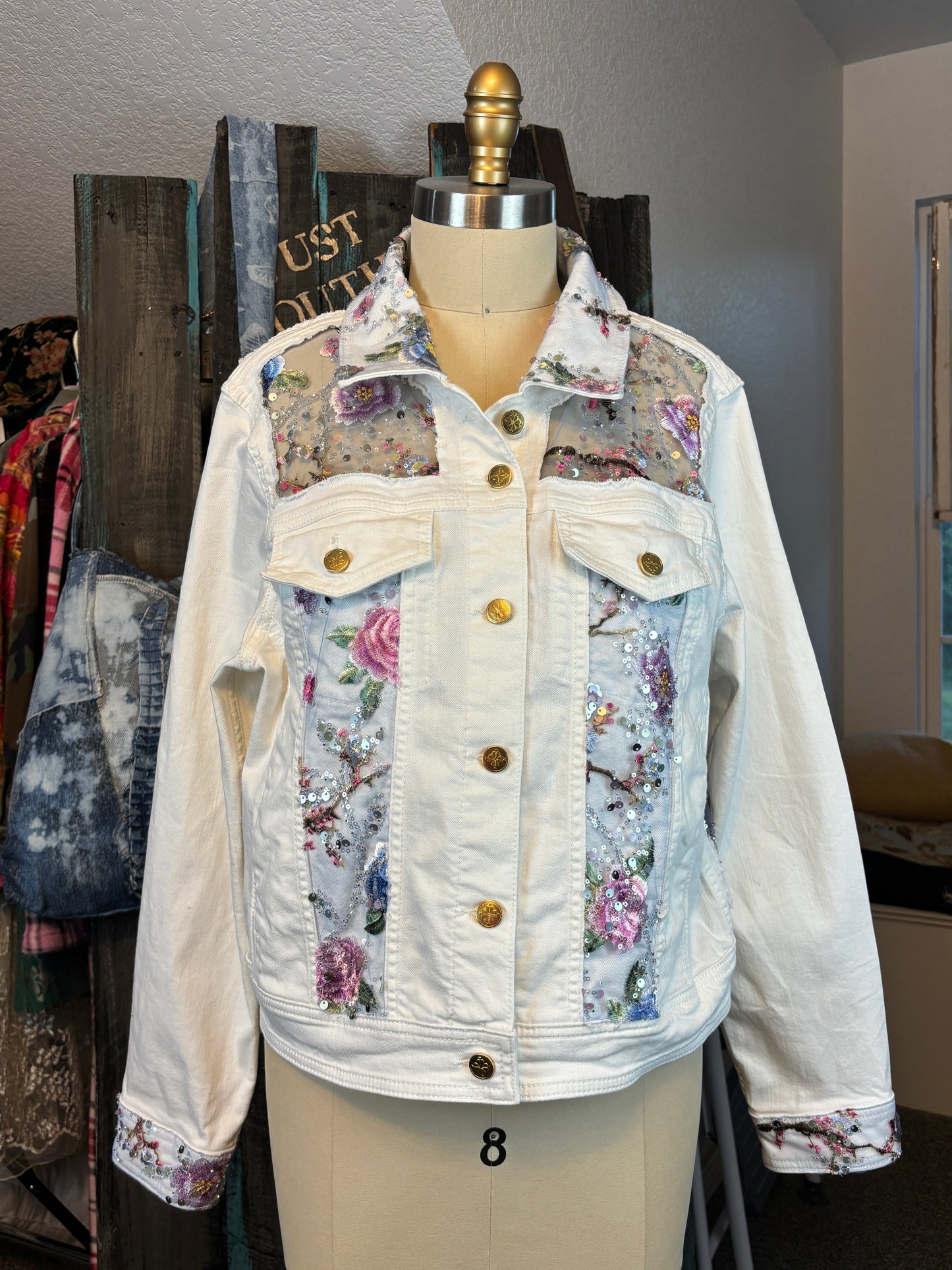 Custom Denim Jacket for B. Surber, White with Pink and Periwinkle