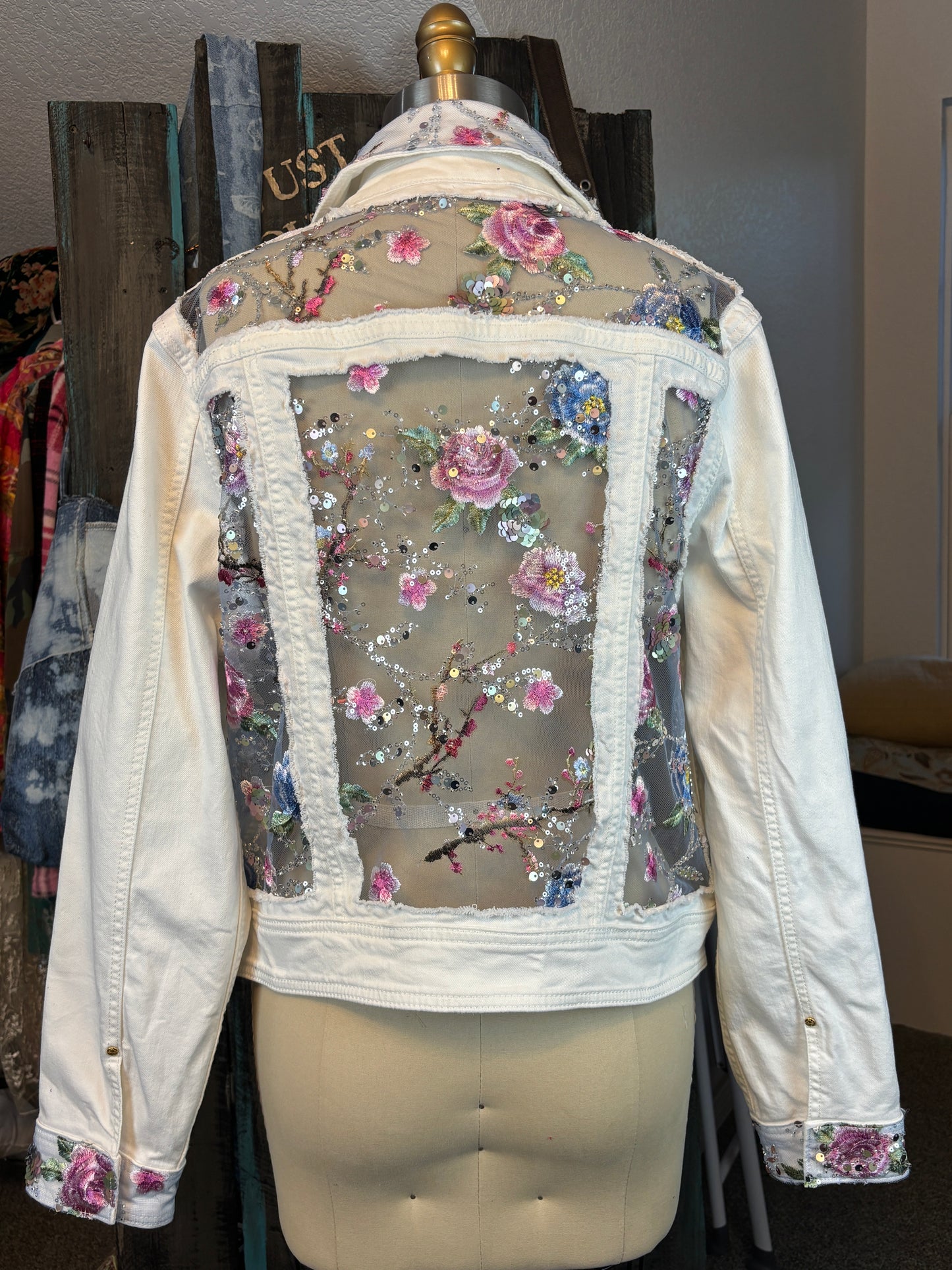 Custom Denim Jacket for B. Surber, White with Pink and Periwinkle