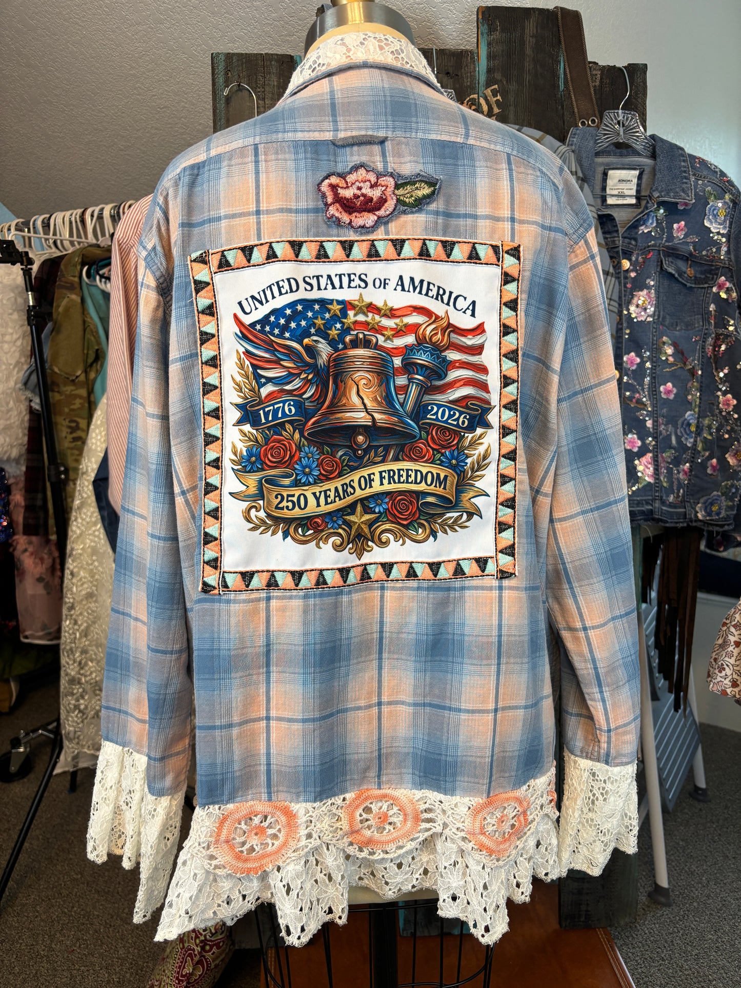 Up-Cycled Men's Flannel Shirt, America's 250th Birthday, Size 2XL, 48" Chest