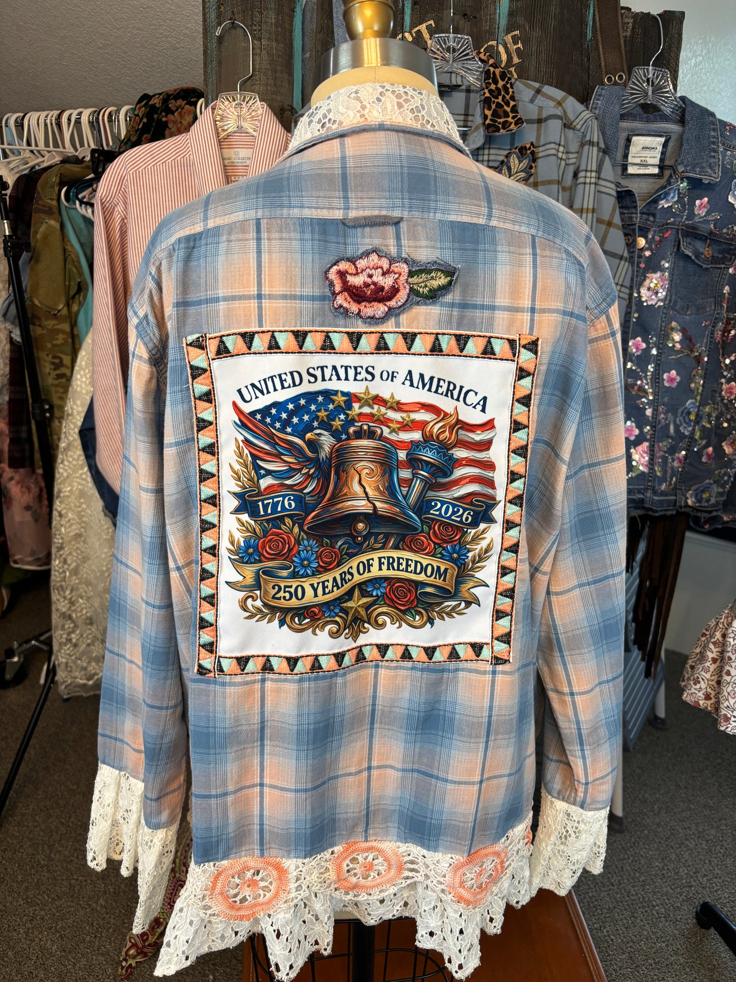 Up-Cycled Men's Flannel Shirt, America's 250th Birthday, Size 2XL, 48" Chest