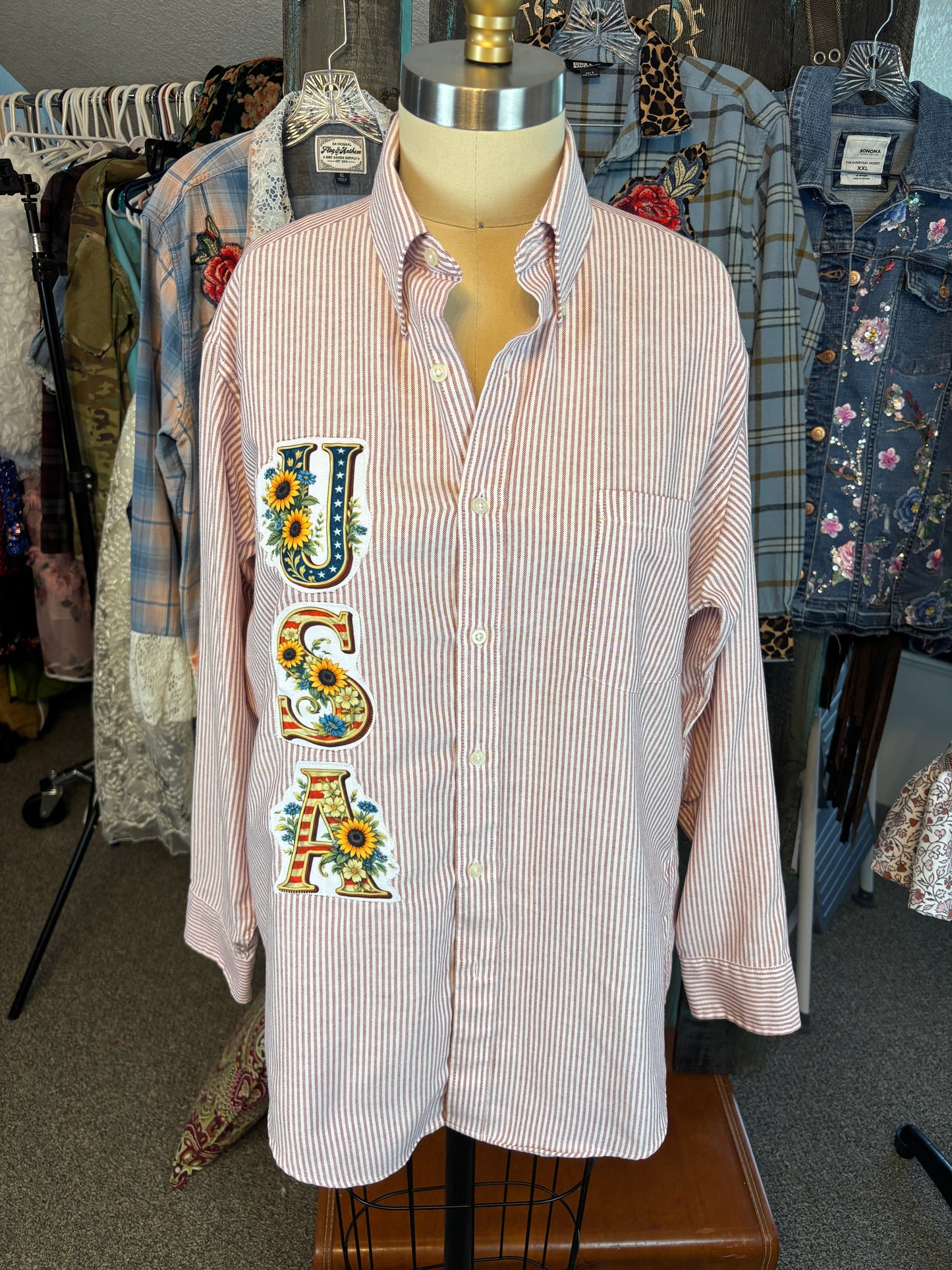 Proud American Only Club, Up-cycled Men's Shirt, Red White Pinstripes, Size L-XL