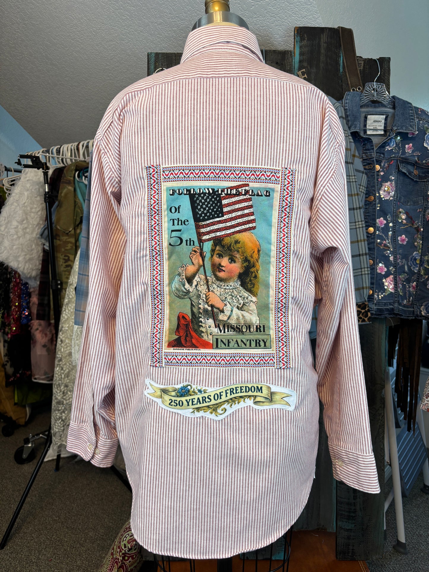 Proud American Only Club, Up-cycled Men's Shirt, Red White Pinstripes, Size L-XL
