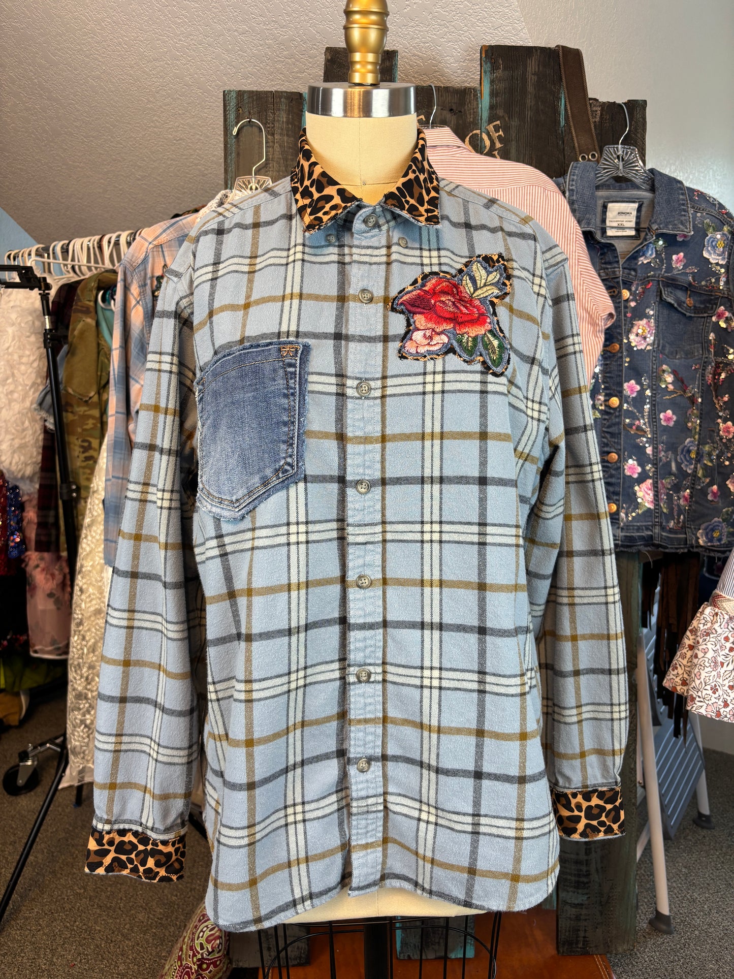 I Love USA, Up-Cycled Men's Flannel Shirts (Men's L) Womens 48 Bust
