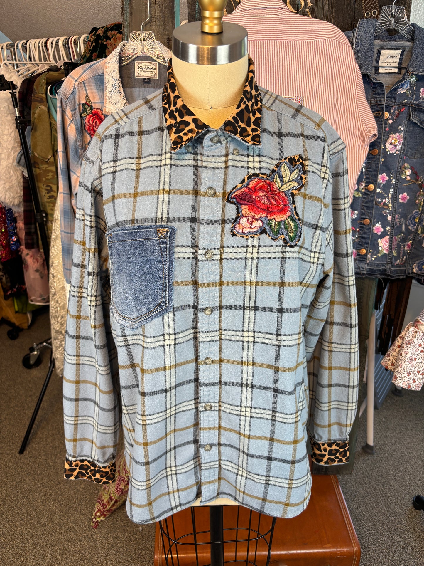 I Love USA, Up-Cycled Men's Flannel Shirts (Men's L) Womens 48 Bust