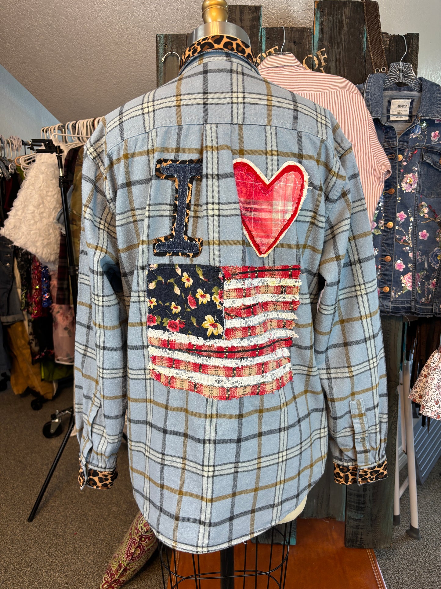 I Love USA, Up-Cycled Men's Flannel Shirts (Men's L) Womens 48 Bust