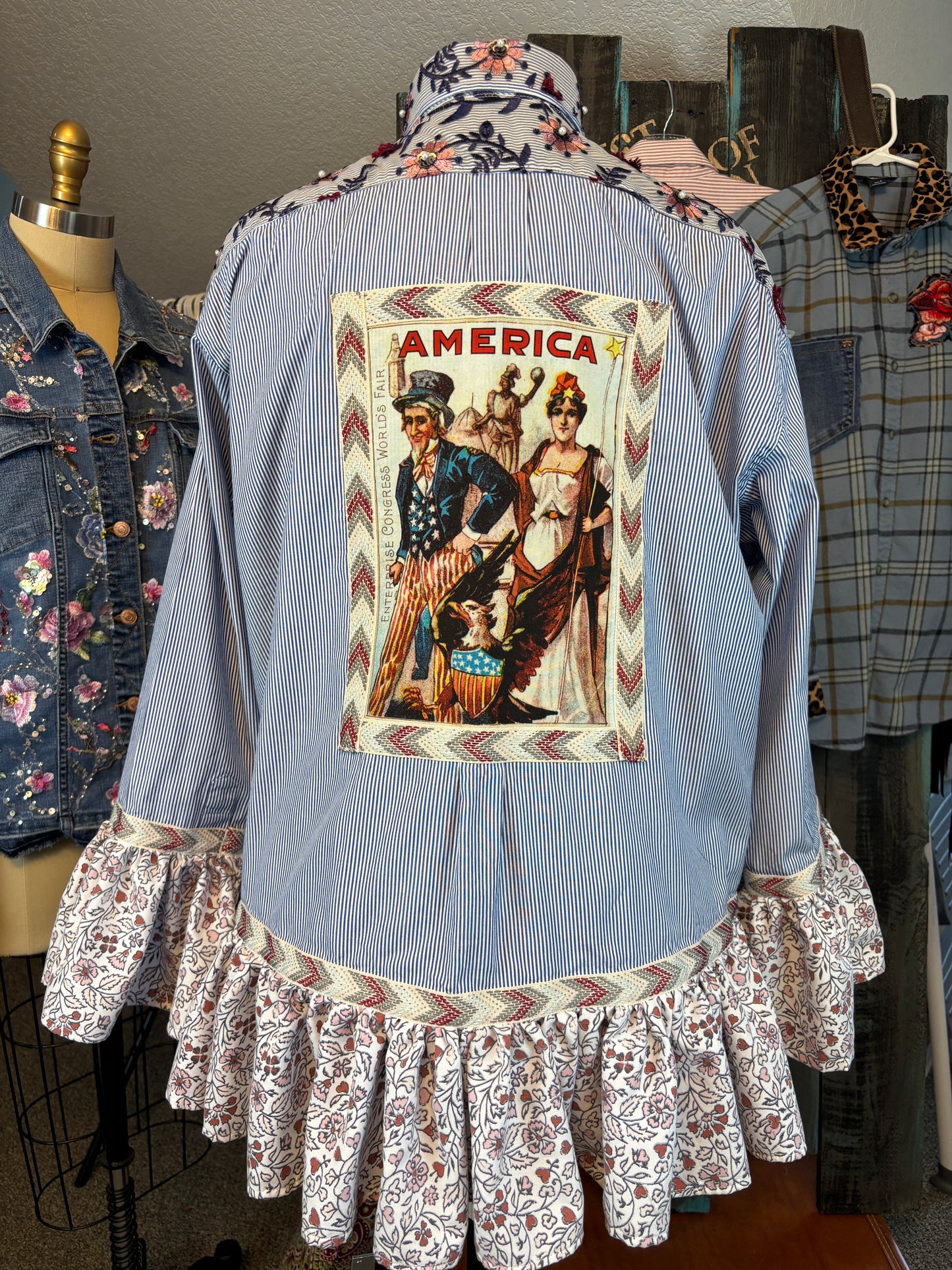Up-Cycled Men's Shirt, Blue White PinStripes, America's World Fair Applique, Size 4X
