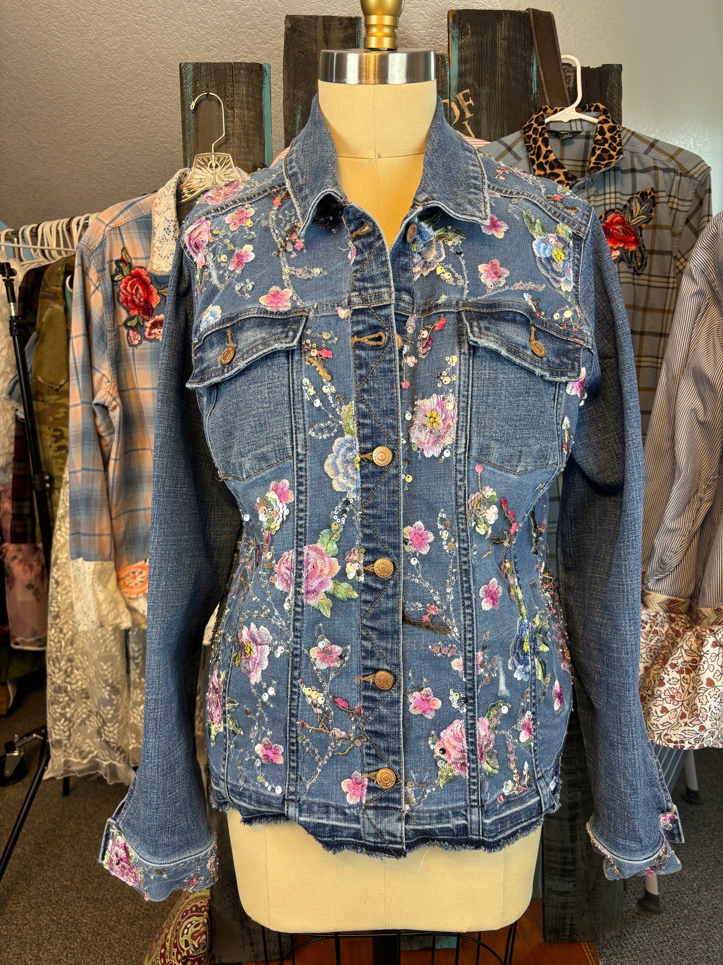 Up-Cycled Denim Jacket, "The Everyday Jacket" XXL, or 46" Chest, Embroidered Tulle