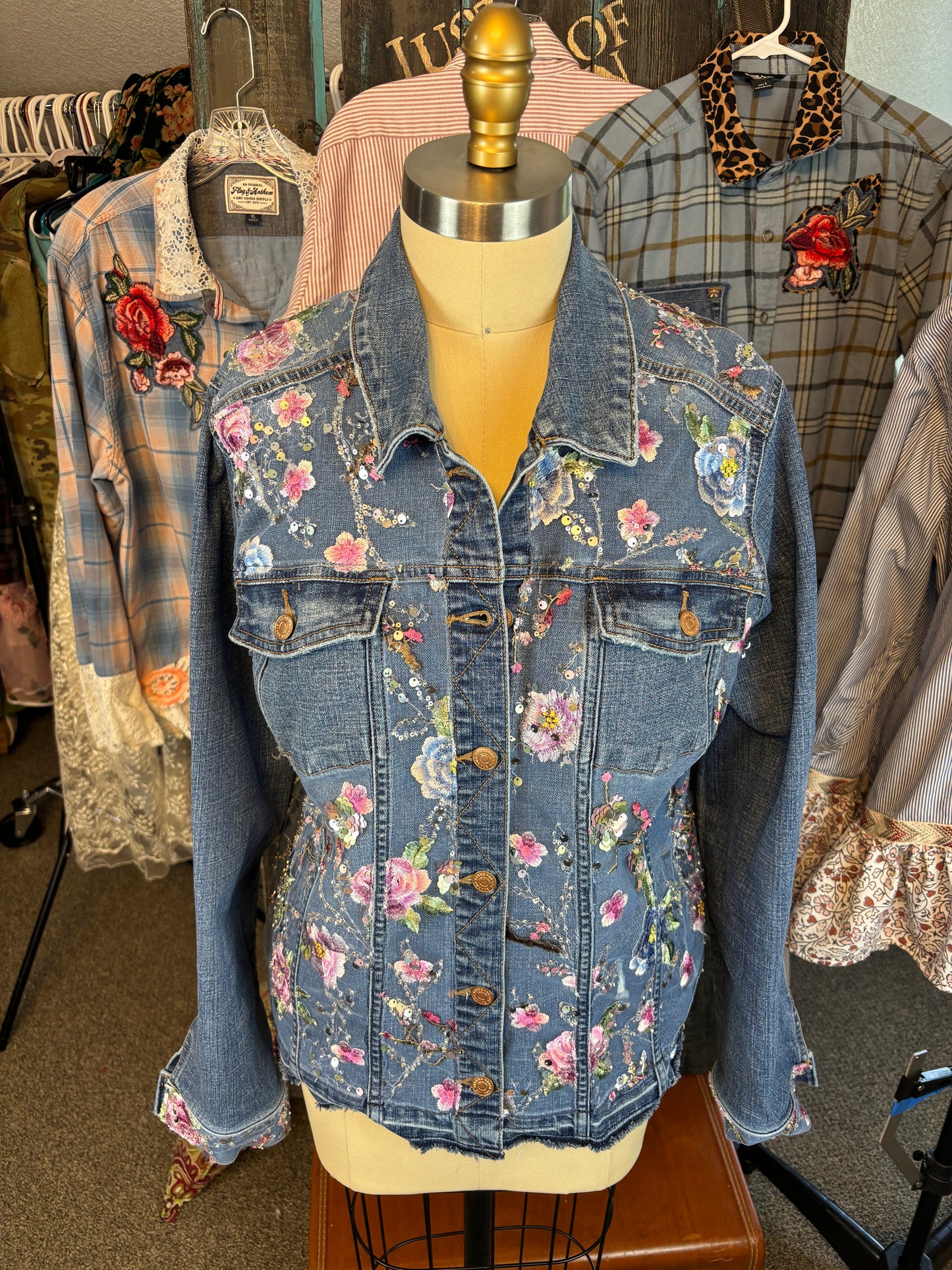 Up-Cycled Denim Jacket, "The Everyday Jacket" XXL, or 46" Chest, Embroidered Tulle
