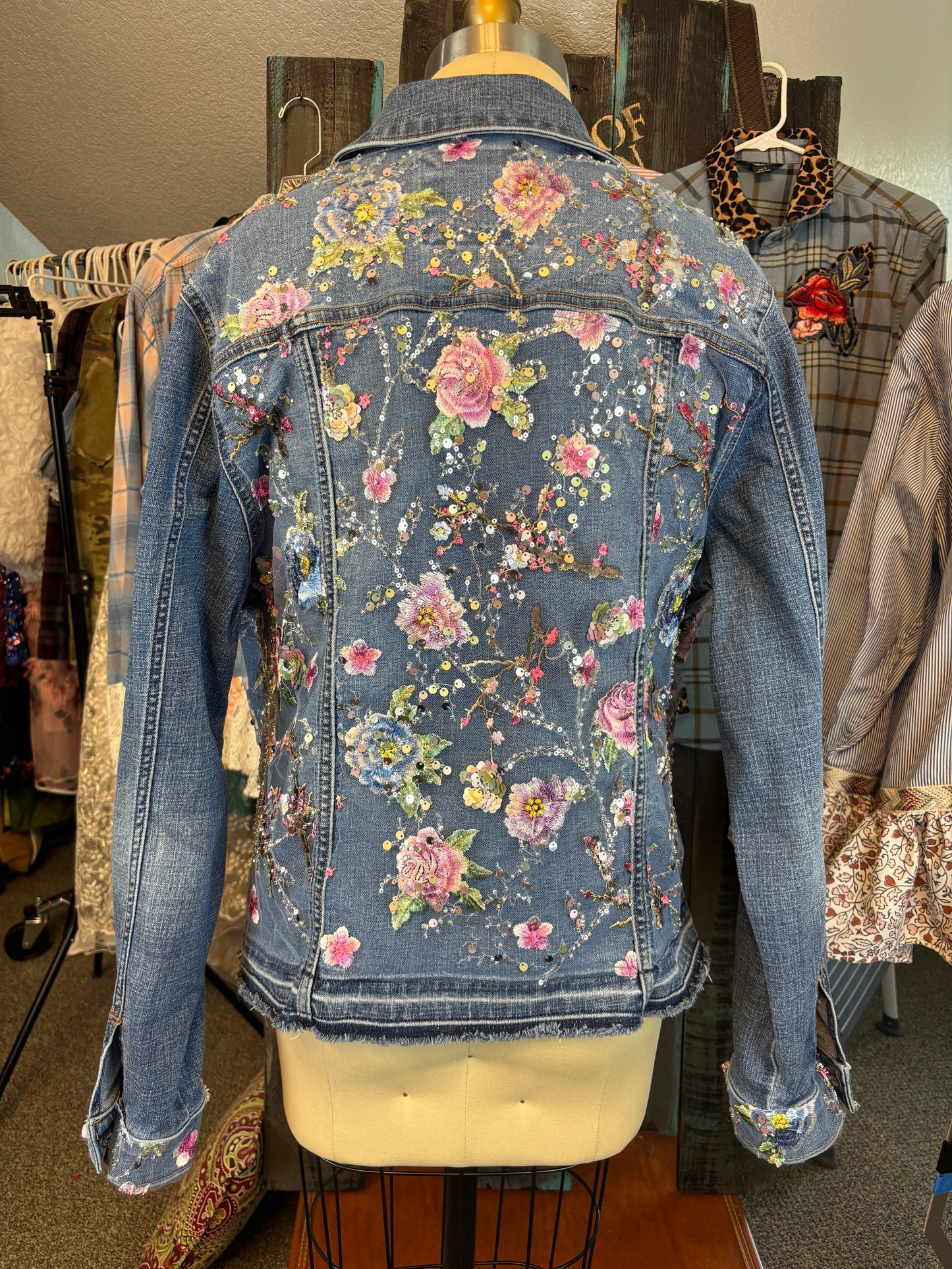 Up-Cycled Denim Jacket, "The Everyday Jacket" XXL, or 46" Chest, Embroidered Tulle