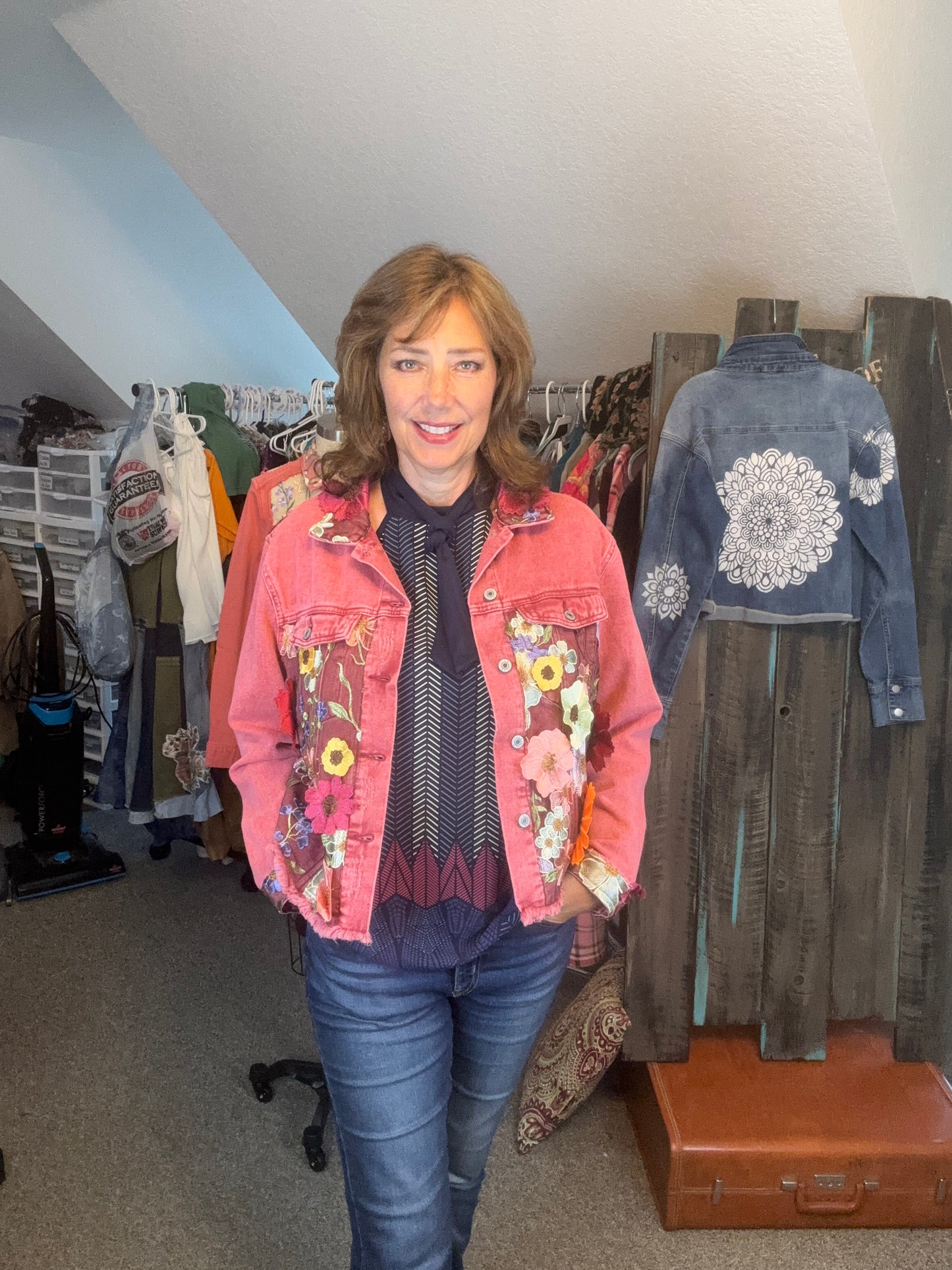 Up-Cycled Red Denim Jacket, 3D Floral Applique, Size Large- X-Large, 44" Chest